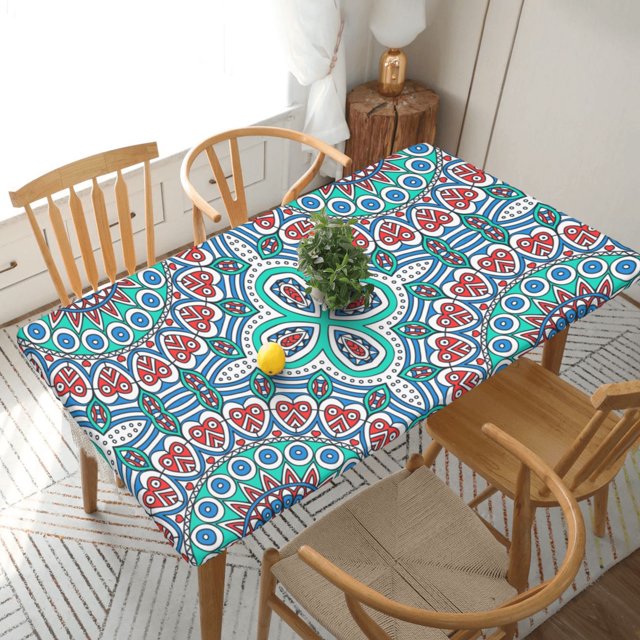 Home Deluxe Tablecloth Ethnic Pattern Background Waterproof Elastic Rim 