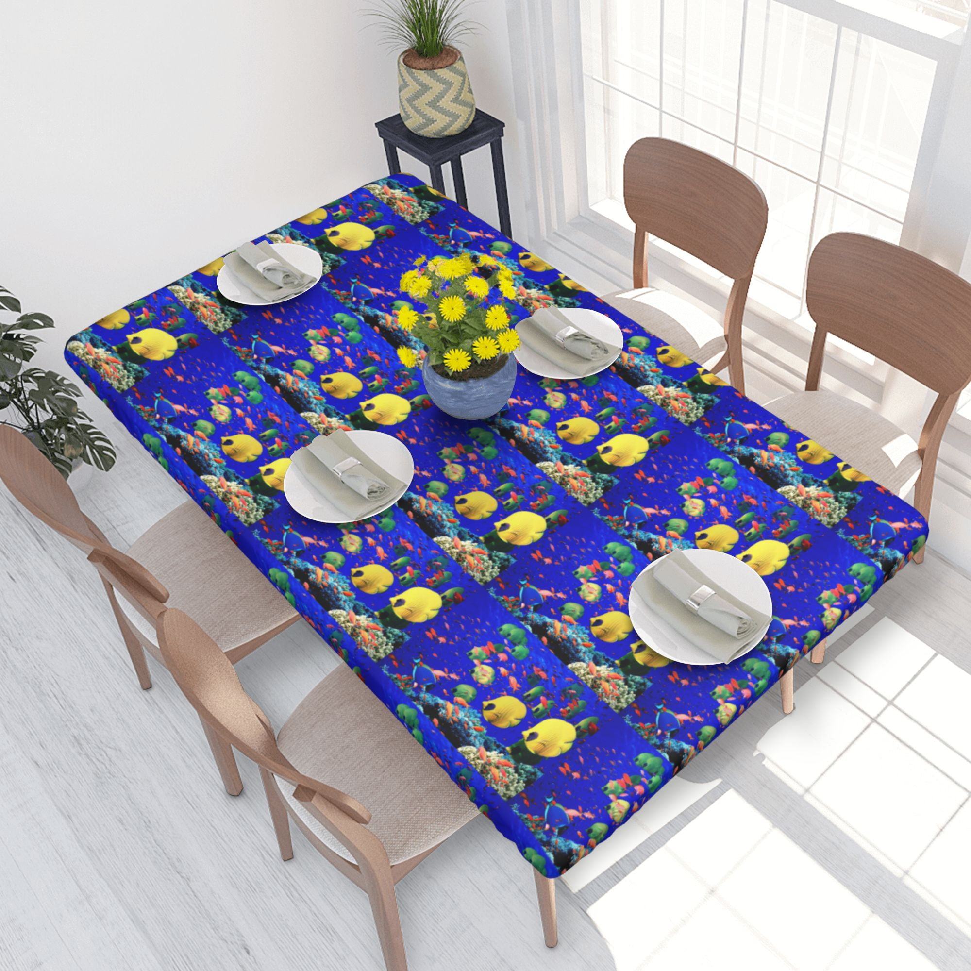 Home Deluxe Tablecloth Ocean Fish Underwater Sea Waterproof Elastic Rim ...