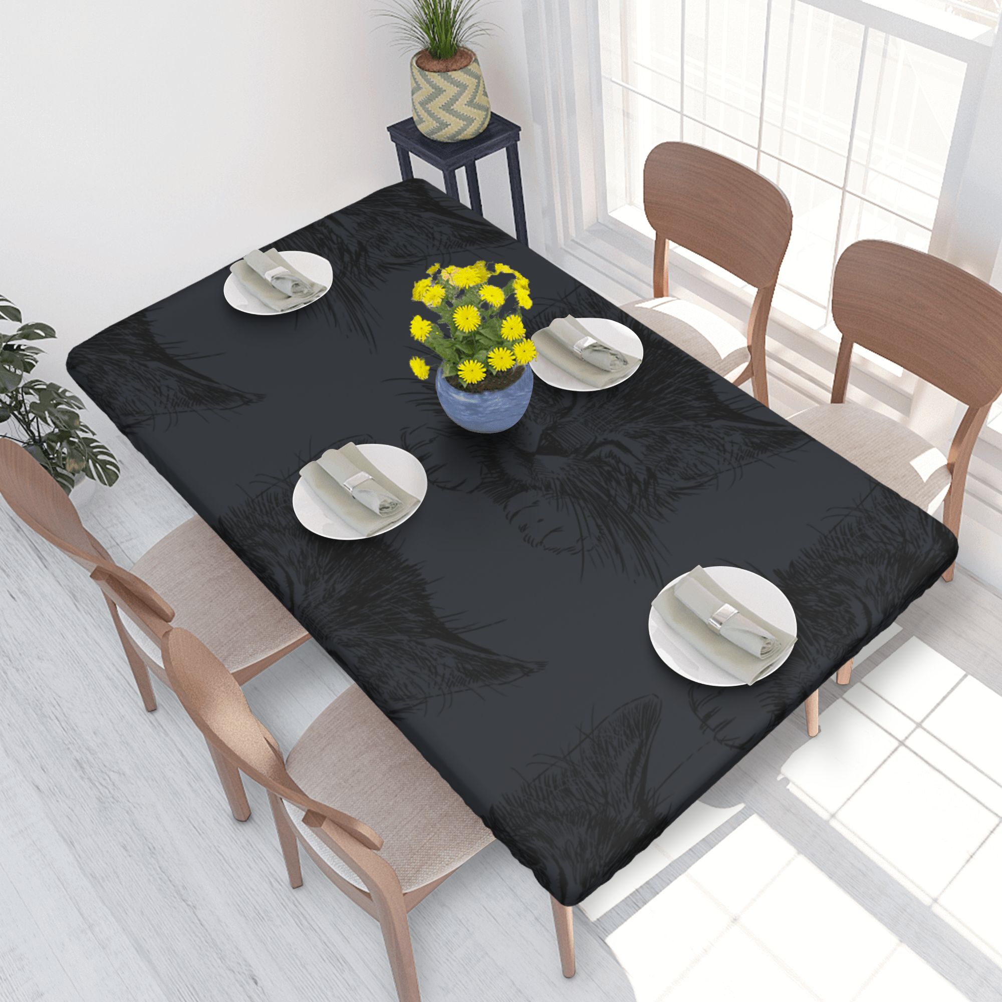 Home Deluxe Tablecloth Sleeping Sad Cat Drawing Waterproof Elastic Rim
