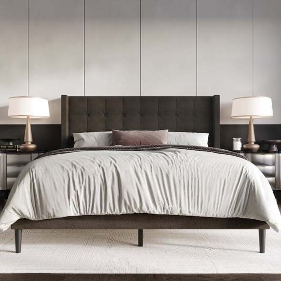 Home Design Danville Full Tufted Upholstered Platform Bed with Wingback Headboard and Foam Cushion, Dark Brown, Easy Assembly