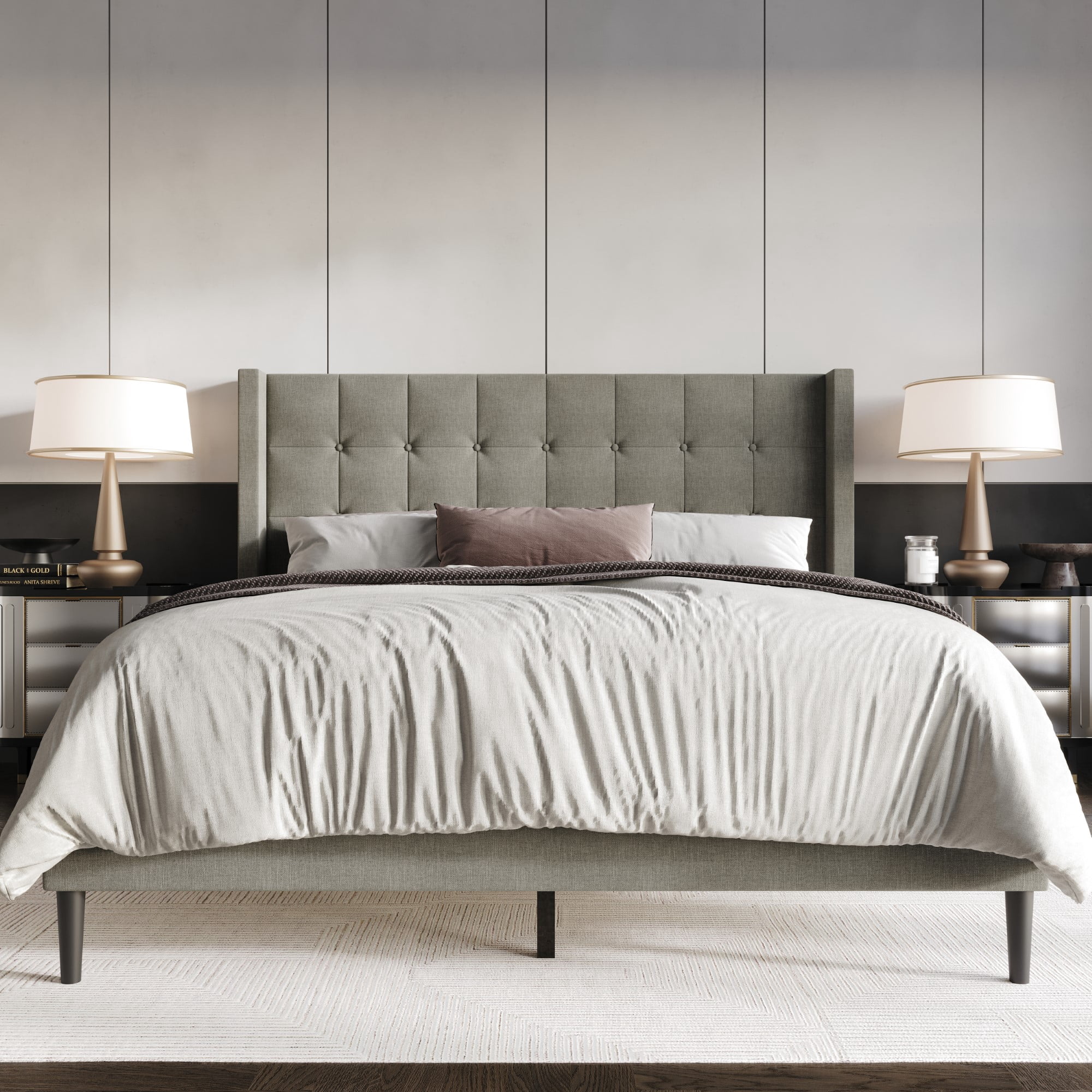Home Design Danville Queen Tufted Upholstered Platform Bed with Wingback Headboard and Foam Cushion, Gray, Easy Assembly
