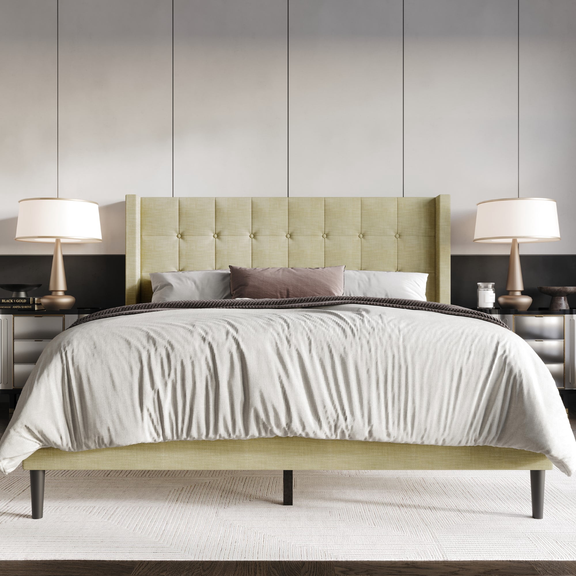 Home Design Danville Twin Tufted Upholstered Platform Bed with Wingback Headboard and Foam Cushion, Cream, Easy Assembly
