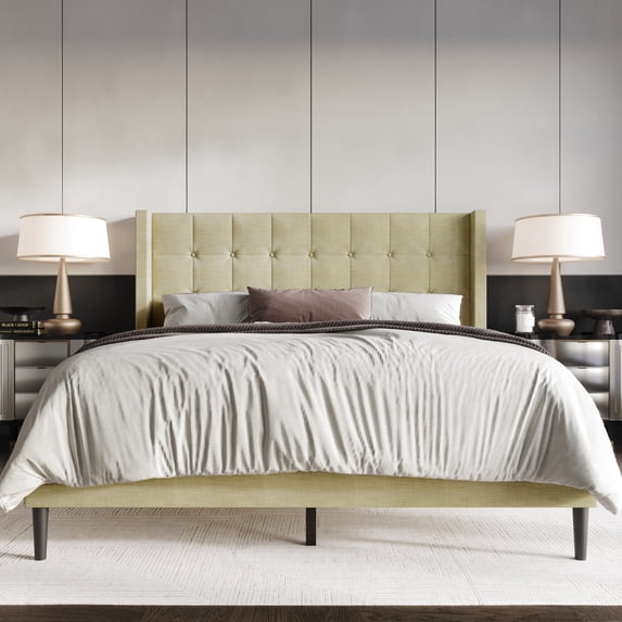 Home Design Danville Twin Tufted Upholstered Platform Bed with Wingback Headboard and Foam Cushion, Cream, Easy Assembly
