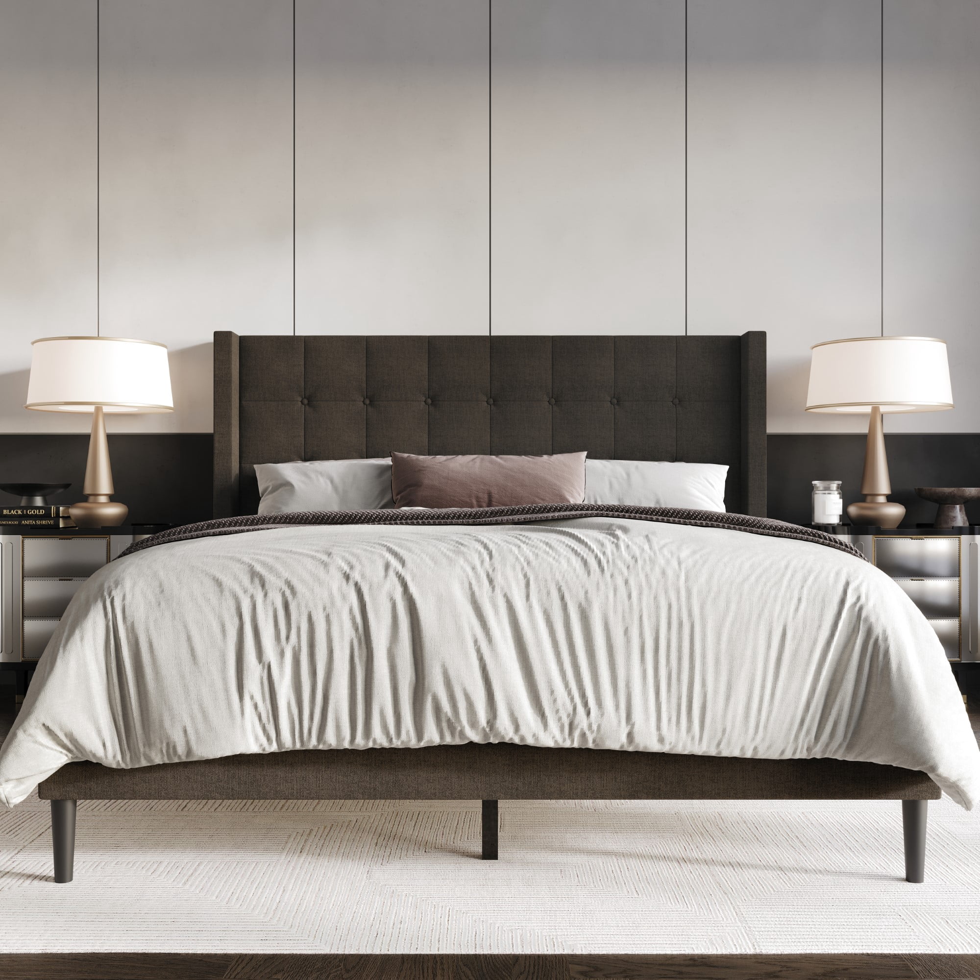 Home Design Danville Twin Tufted Upholstered Platform Bed with Wingback Headboard and Foam Cushion, Dark Brown, Easy Assembly