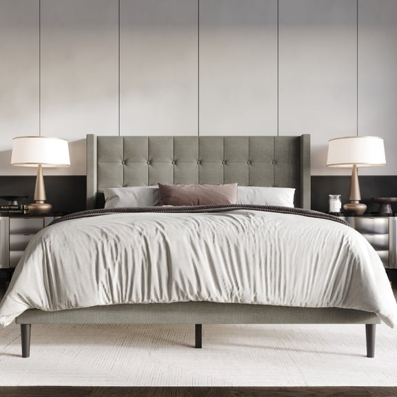 Home Design Danville Twin Tufted Upholstered Platform Bed with Wingback Headboard and Foam Cushion, Gray, Easy Assembly