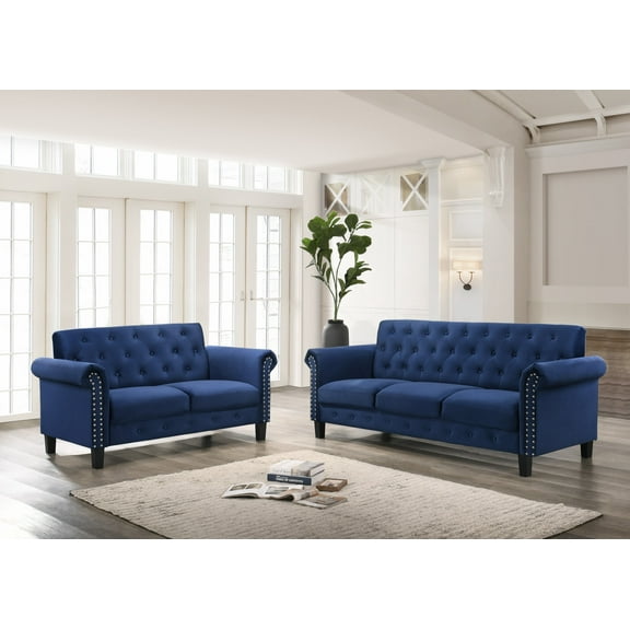 Home Design Casper 2-Piece Velvet Living Room Set with Loveseat and Sofa, Rolled Arms, Nailhead Trim, Navy Blue, Adult