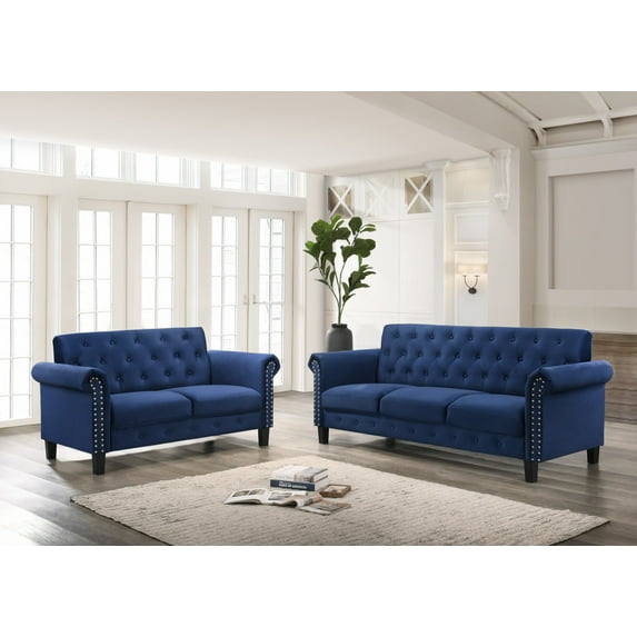 Home Design Casper 2-Piece Velvet Living Room Set with Loveseat and Sofa, Rolled Arms, Nailhead Trim, Navy Blue, Adult