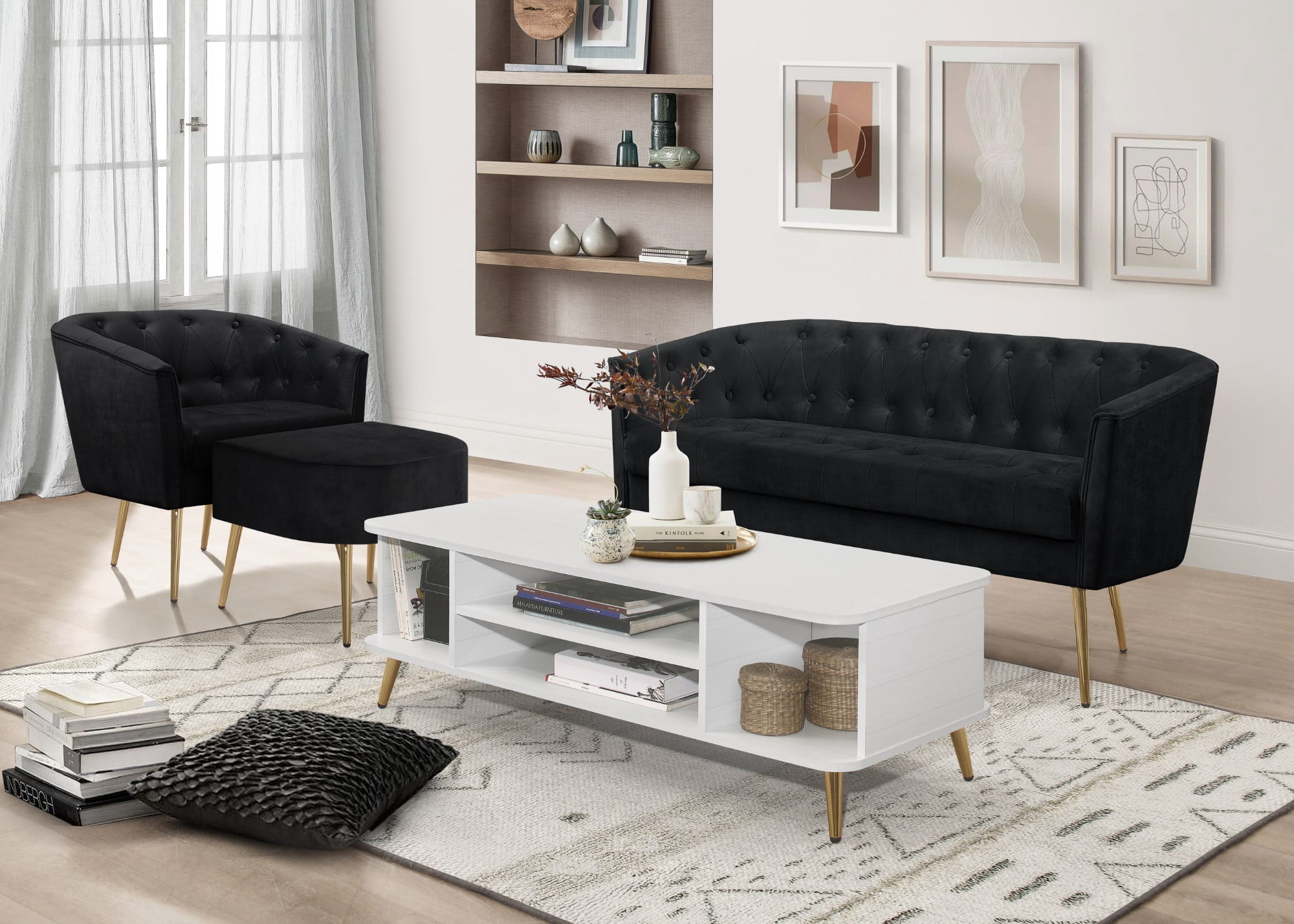 Home Design 2-Piece Cassy Velvet Flared Arm Living Room Furniture Set with Chair with Stool, Loveseat with Coffee Table, Black