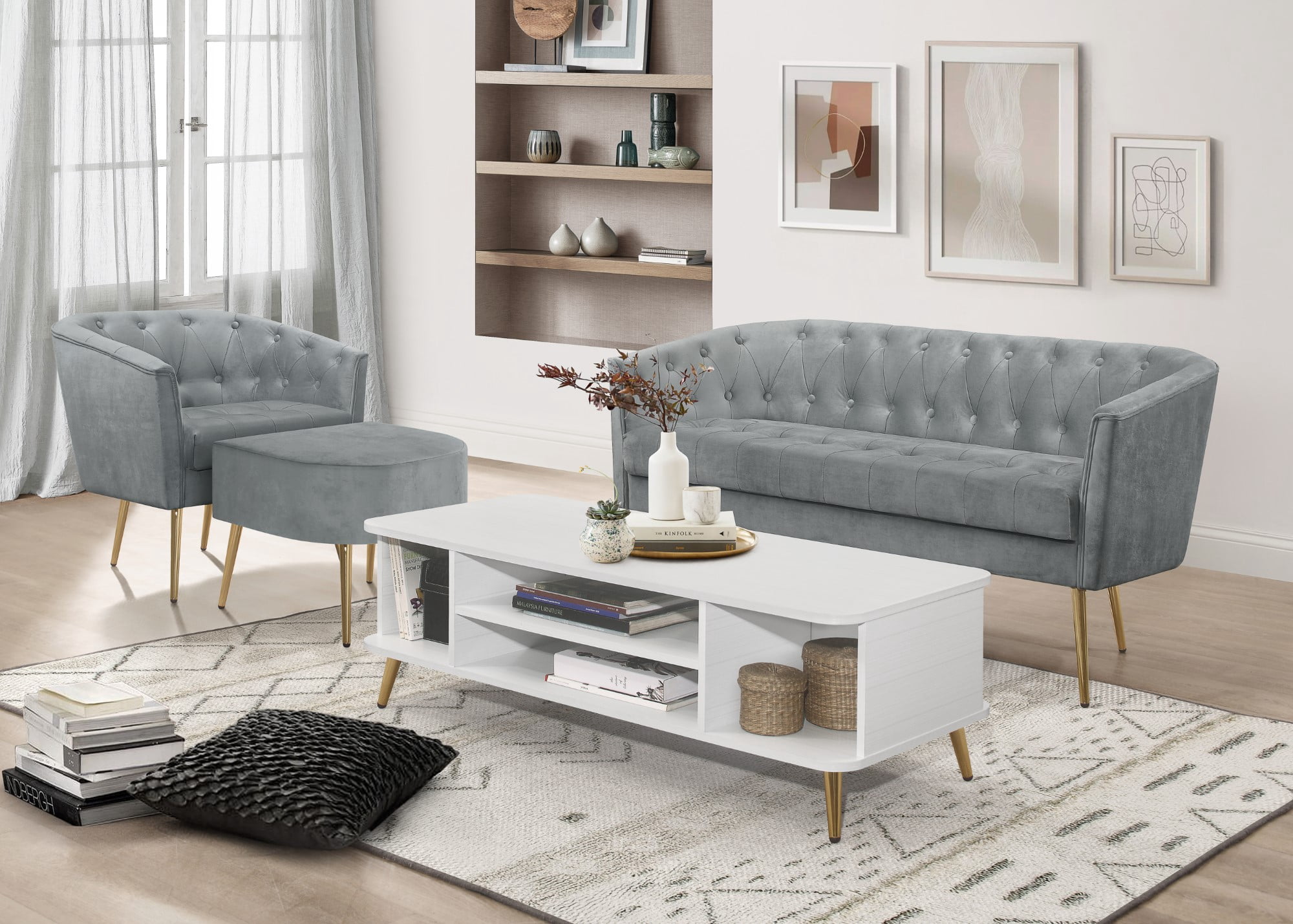 Home Design 2-Piece Cassy Velvet Flared Arm Living Room Furniture Set with Chair with Stool, Loveseat with Coffee Table, Silver Gray