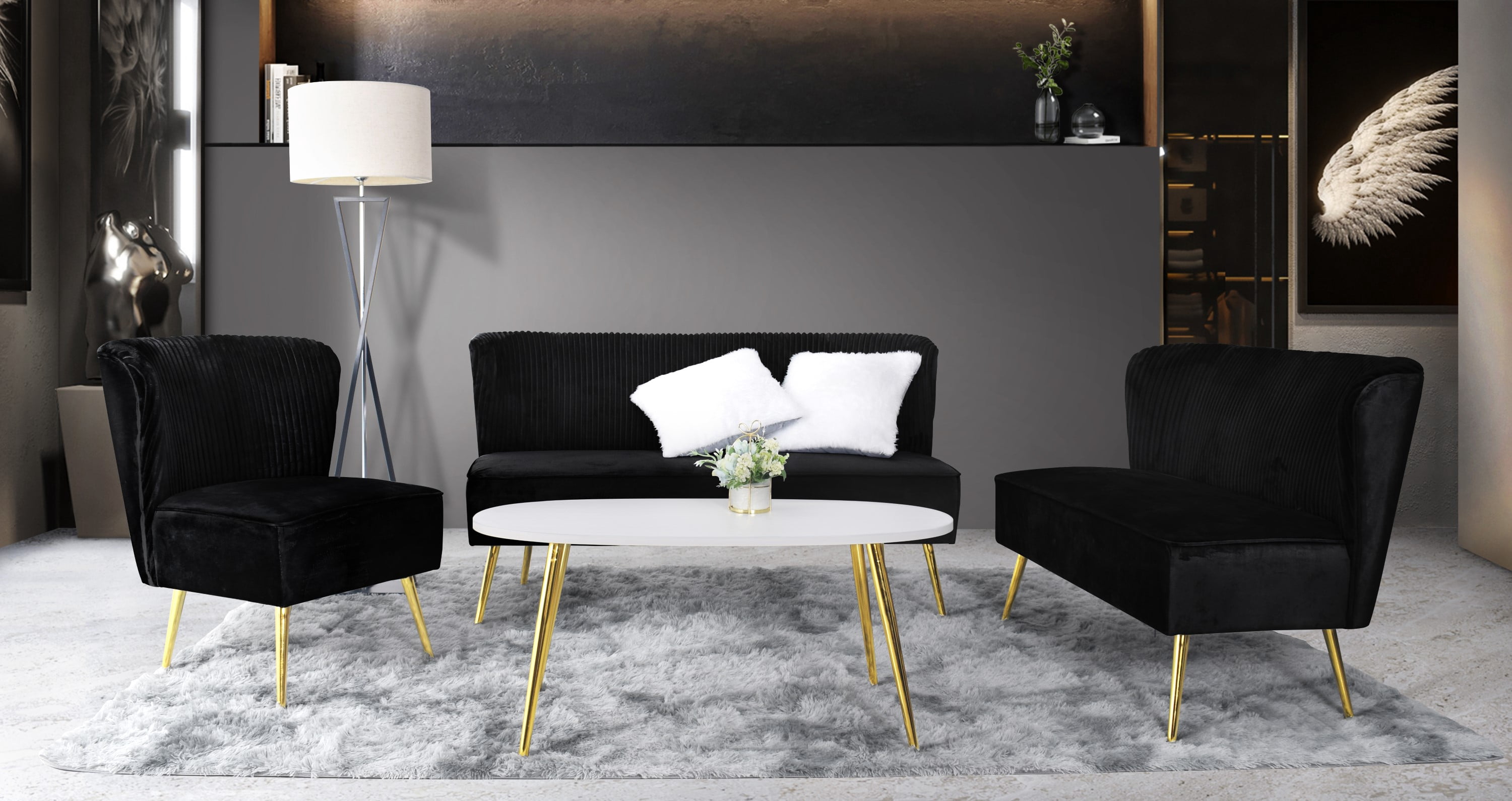 Home Design Hestie 3-Piece Velvet Living Room Set with Side Chair, Loveseat, and Sofa, Modern Curved Backrest Design, Black