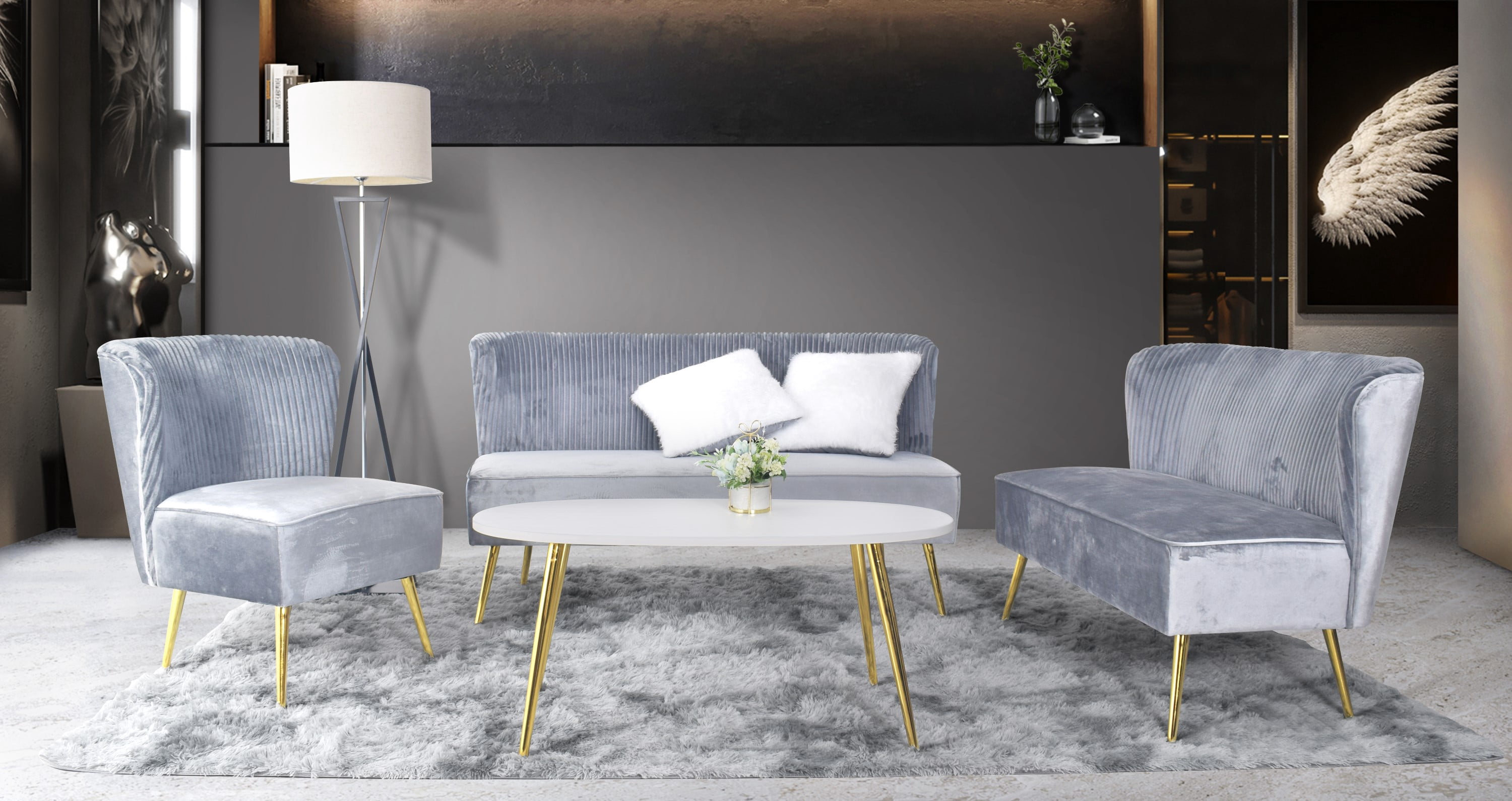 Home Design Hestie 3-Piece Velvet Living Room Set with Side Chair, Loveseat, and Sofa, Modern Curved Backrest Design, Silver Gray
