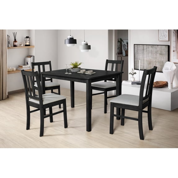 Home Design 5-Piece Sanford Dining Set, Black/Gray, Rectangular table, Middle-divided top, Slat-back cushioned chairs, Comfortable seating, Sturdy square legs, Modern style, Durable construction