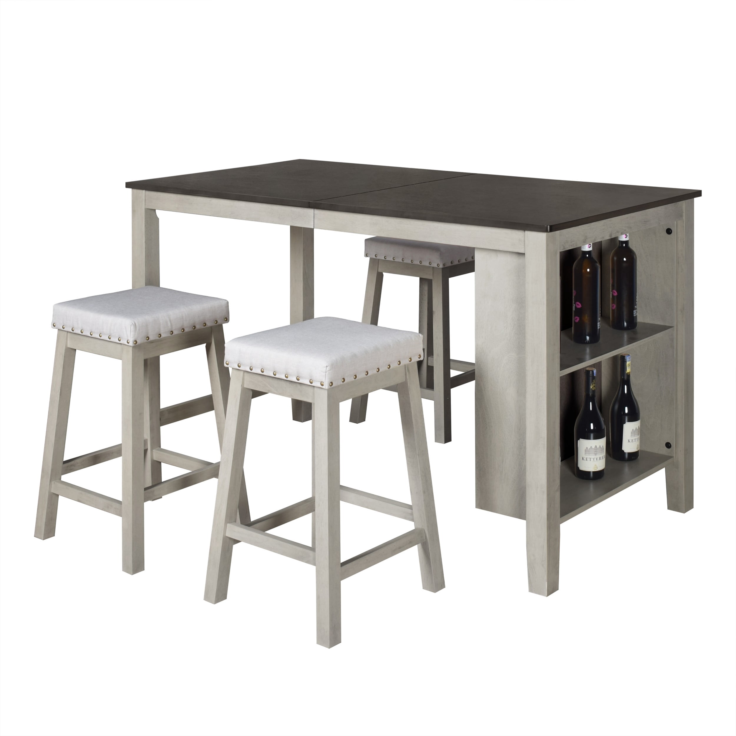 Home Design Africa 5-Piece Counter Height Dining Set, Antique Gray/Warm Gray, Rectangular Table with Shelves, Armless Cushioned Chairs, Modern Style