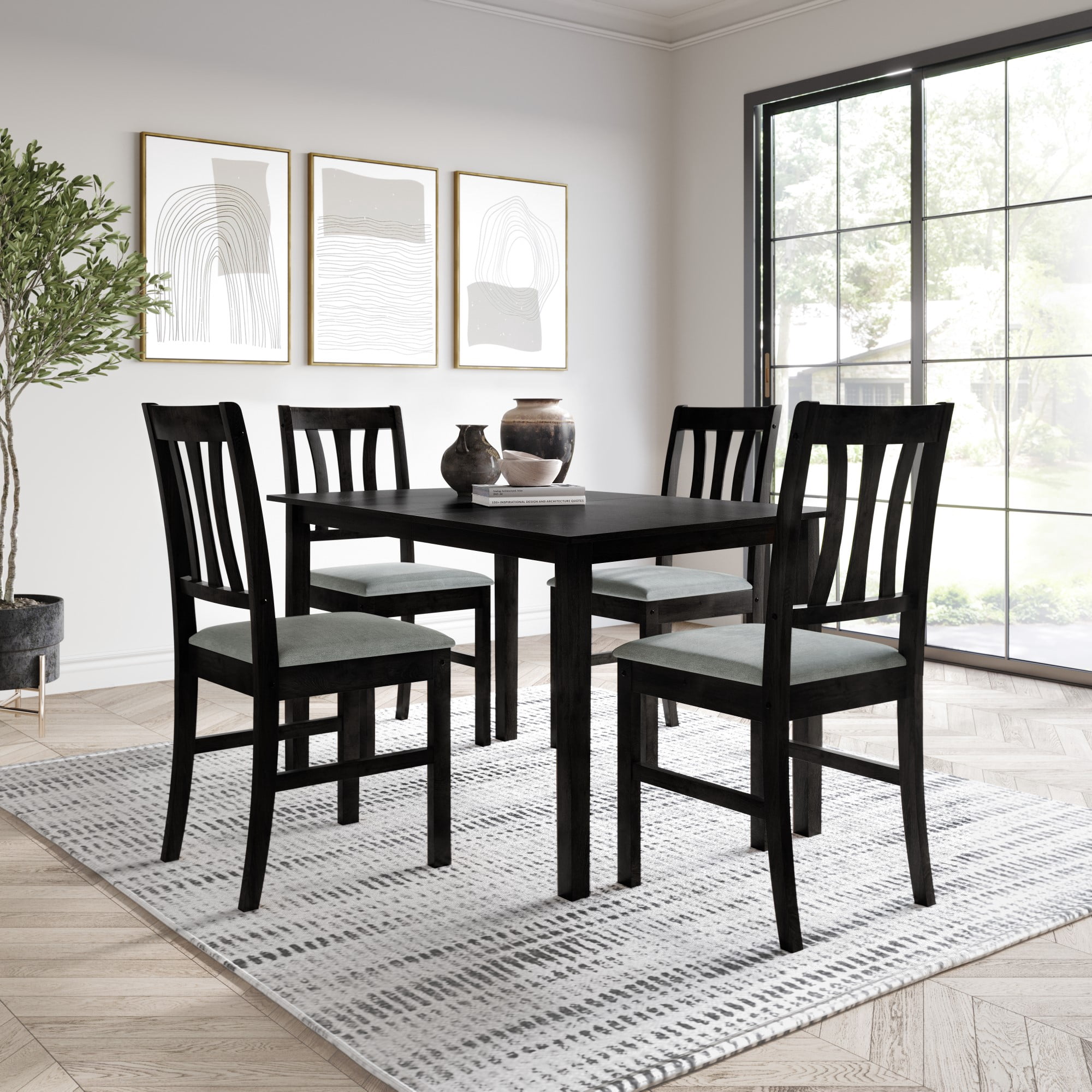 Home Design Denton 5-Piece Dining Set, Black/Gray, Rectangular Table with Ladder-Back Cushioned Chairs, Modern Style