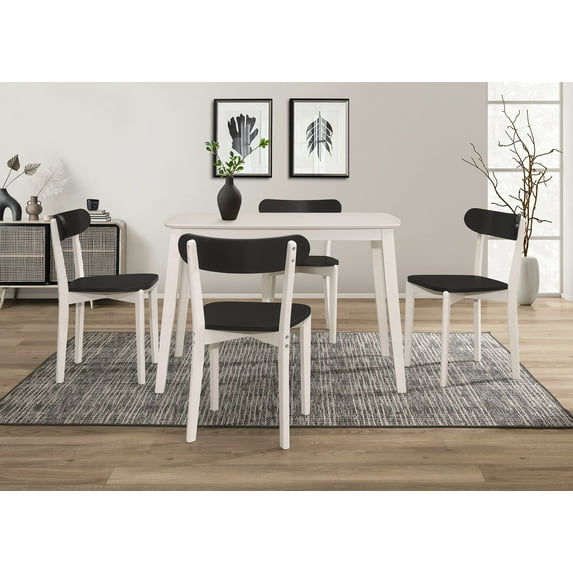 Home Design 5-Piece Kim Dining Set, Greyish White/Black, Rounded-edge table, Open-back curved chairs, Comfortable seating, Modern classic style, Small-space friendly, Durable construction