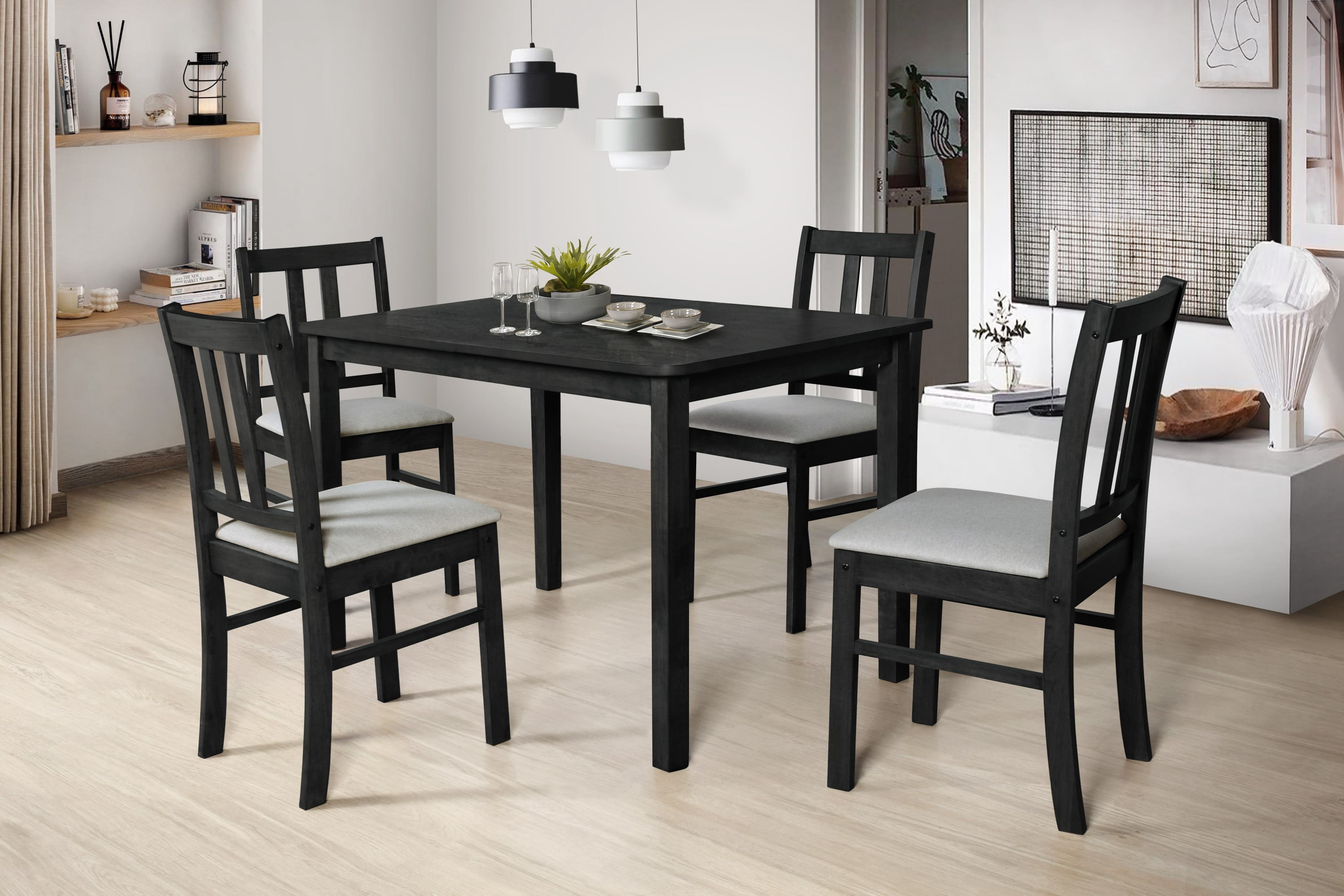 Home Design 5-Piece Sanford Dining Set, Black/Gray, Rectangular table, Middle-divided top, Slat-back cushioned chairs, Comfortable seating, Sturdy square legs, Modern style, Durable construction