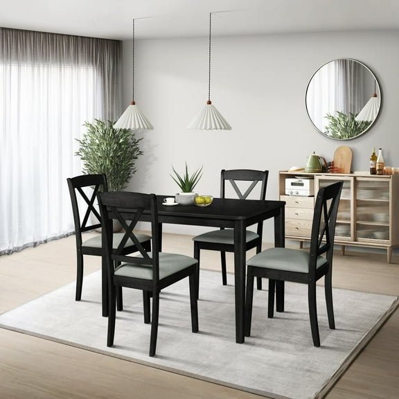 Home Design Sudbury 5-Piece Dining Set, Black/Gray, Rectangular Table with Center-Divided Top and X-Back Cushioned Chairs, Modern Style