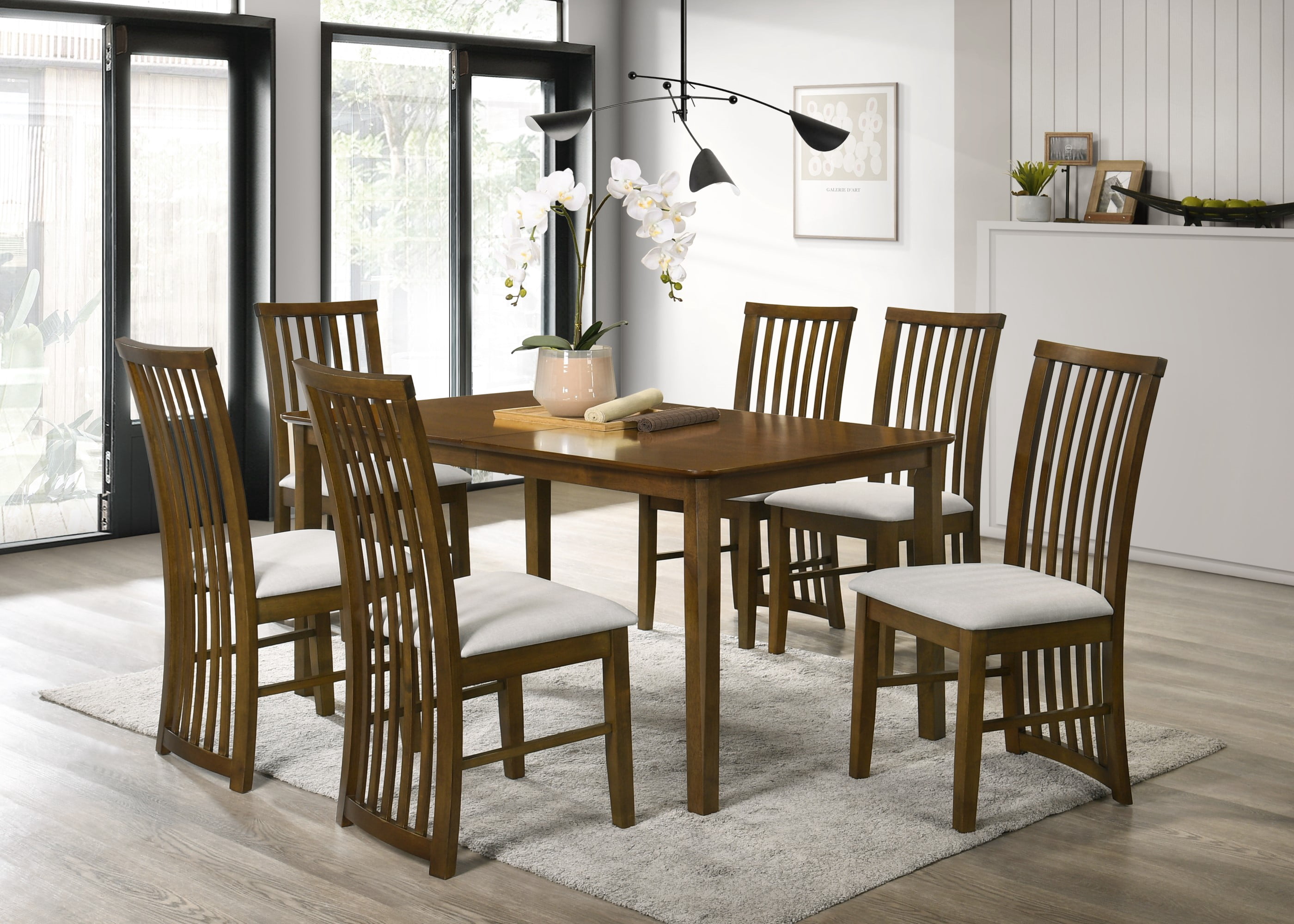 Home Design Osaka 7-Piece Dining Set, Warm Gray/Brown, Rectangular Table, Slatted-Back Cushioned Chairs