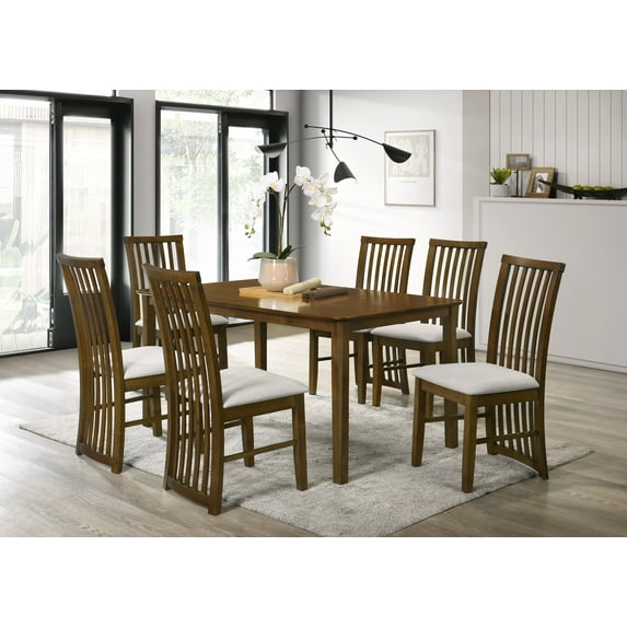 Home Design Osaka 7-Piece Dining Set, Warm Gray/Brown, Rectangular Table, Slatted-Back Cushioned Chairs