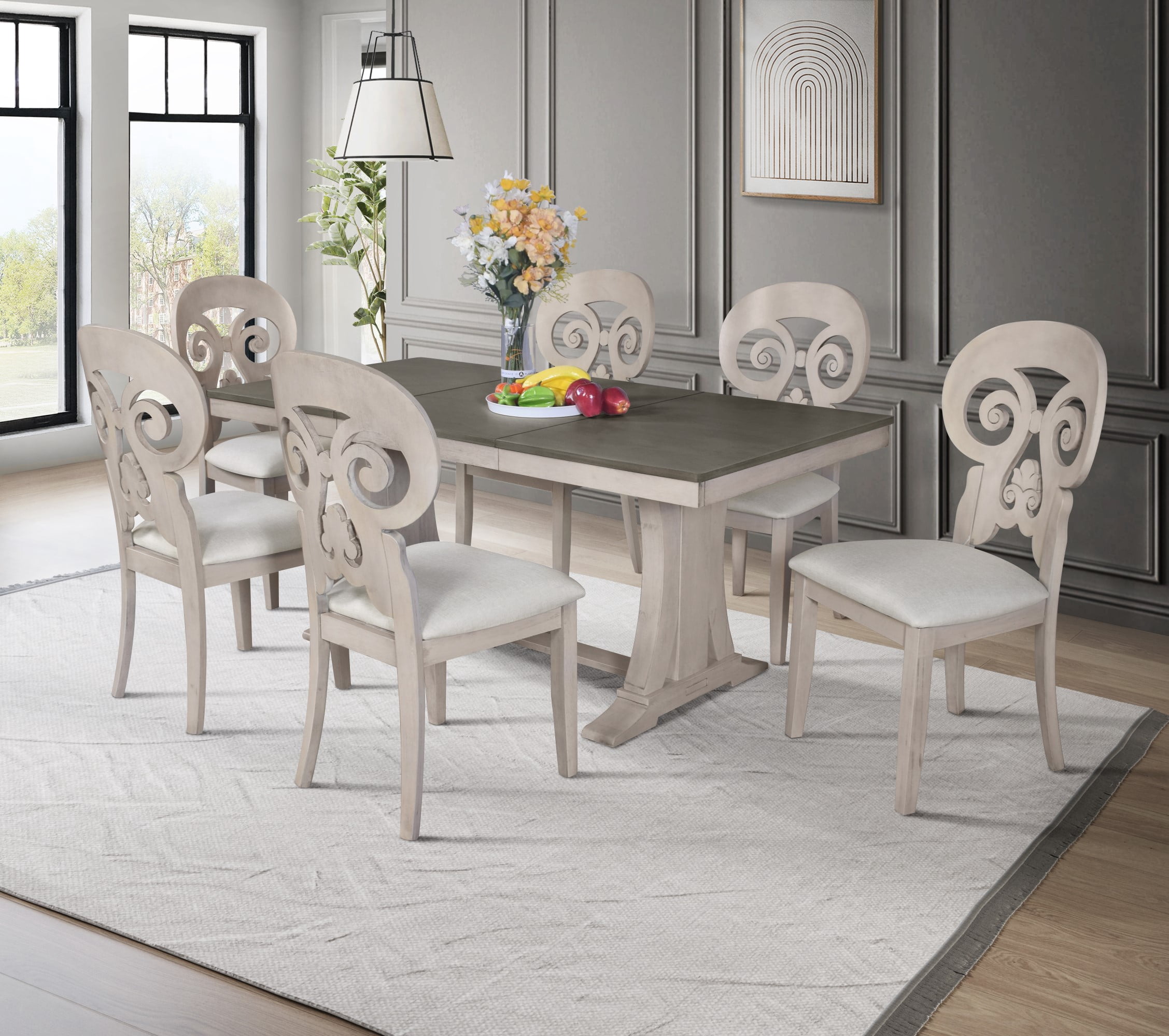 Home Design Rahma 7-Piece Dining Set, Warm Gray/Taupe, Rectangular Table with Decorative Back Cushioned Chairs, Classic Style