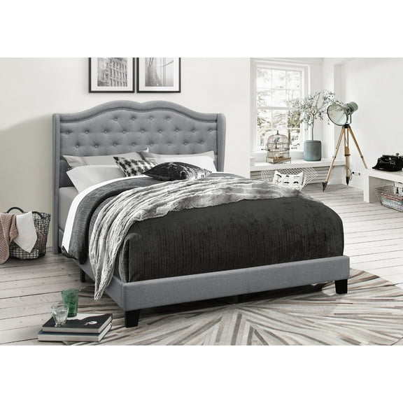 Home Design Aden King Upholstered Panel Bed Frame with Wingback Headboard, Button Tufted, Gray, Easy Assembly, for Adult Bedroom