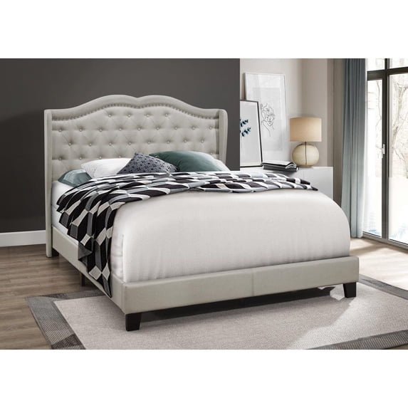 Home Design Aden Queen Upholstered Panel Bed Frame with Wingback Headboard, Button Tufted, Warm Gray, Easy Assembly, for Adult Bedroom