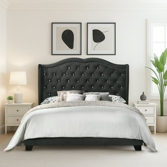Home Design Aiden King Upholstered Panel Bed Frame with Tufted Headboard for Adult, Black, Easy Assembly