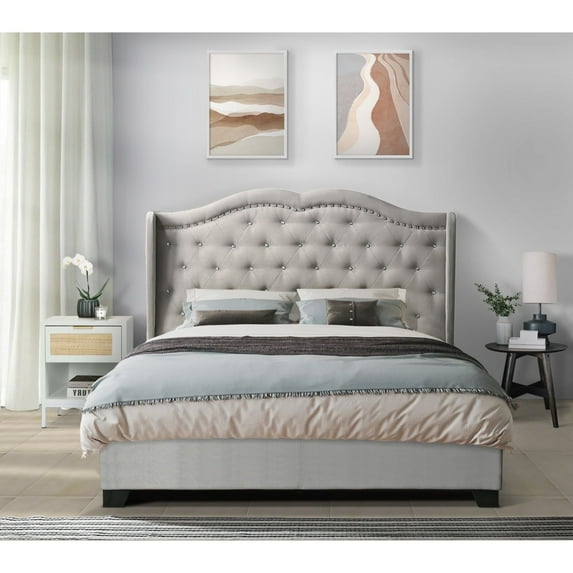 Home Design Aiden King Upholstered Panel Bed Frame with Tufted Headboard for Adult, Gray, Easy Assembly