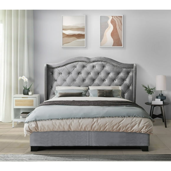 Home Design Aiden Wingback King Upholstered Panel Bed Frame with Tufted Headboard for Adult, Silver Gray, Easy Assembly
