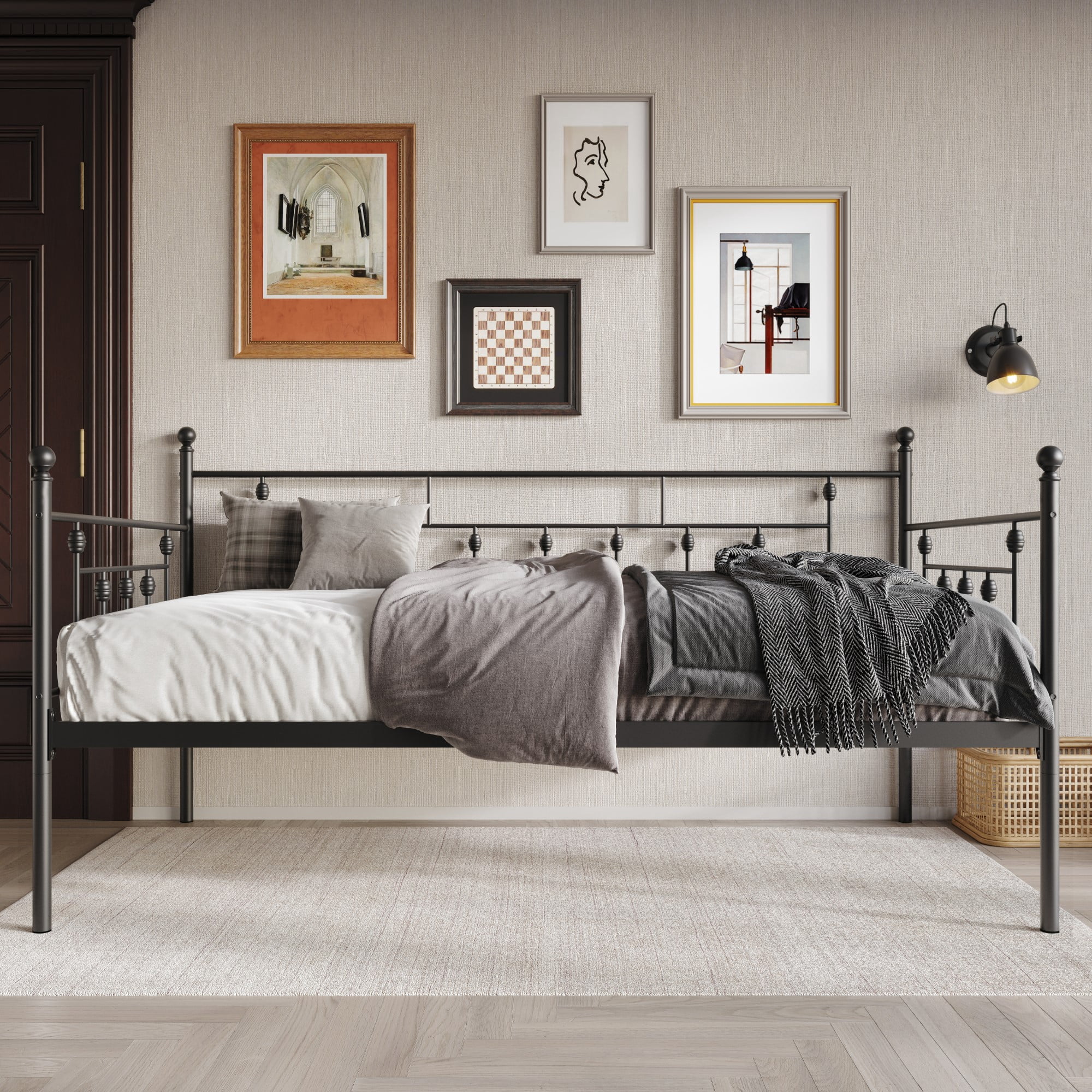 Home Design Aine Twin Metal Daybed with Victorian-Style Frame, Rounded Finials, Durable Slats, Stylish and Functional for Bedroom or Guest Room, Black