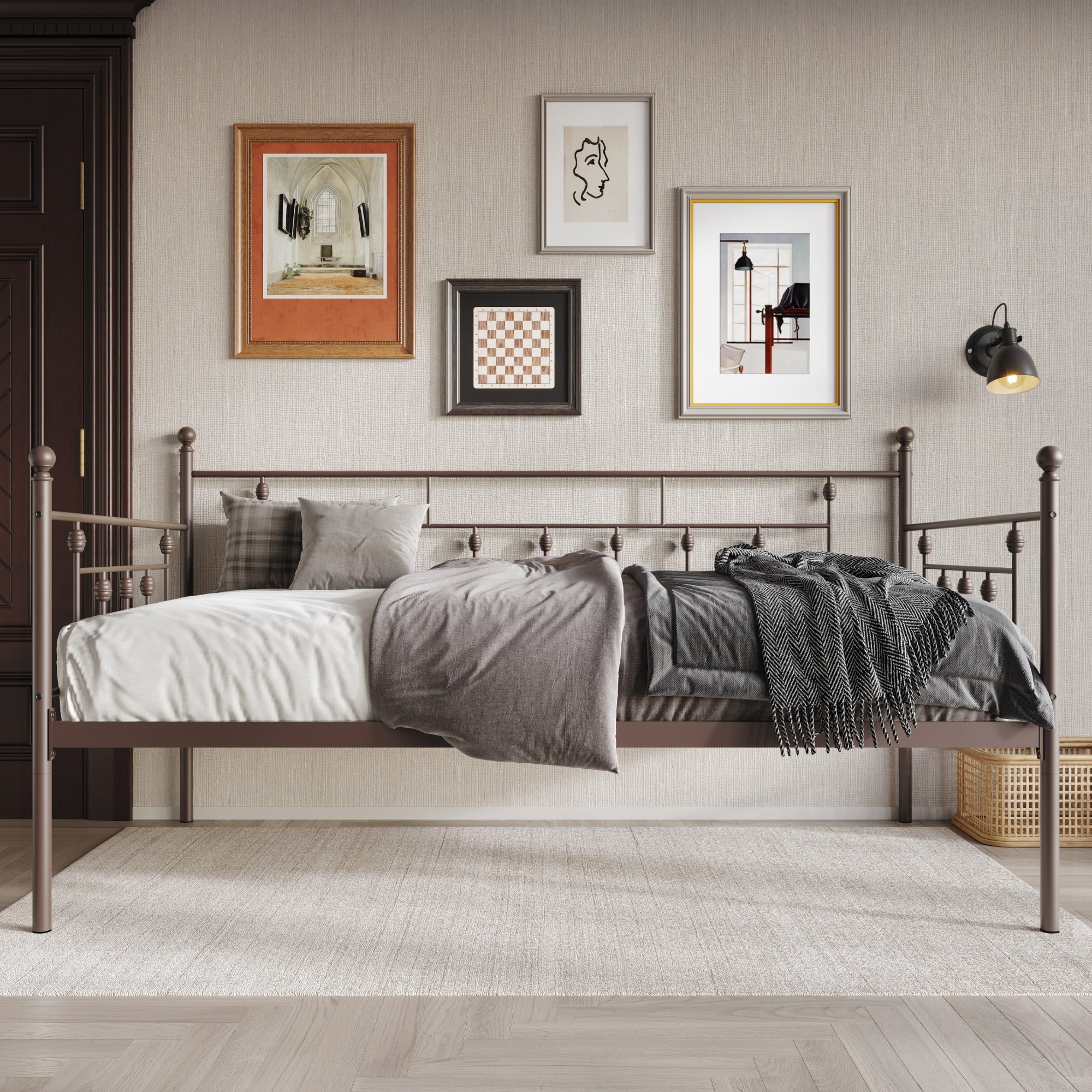 Home Design Aine Twin Metal Daybed with Victorian-Style Frame, Rounded Finials, Durable Slats, Stylish and Functional for Bedroom or Guest Room, Brown