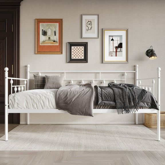 Home Design Aine Twin Metal Daybed with Victorian-Style Frame, Rounded Finials, Durable Slats, Stylish and Functional for Bedroom or Guest Room, White