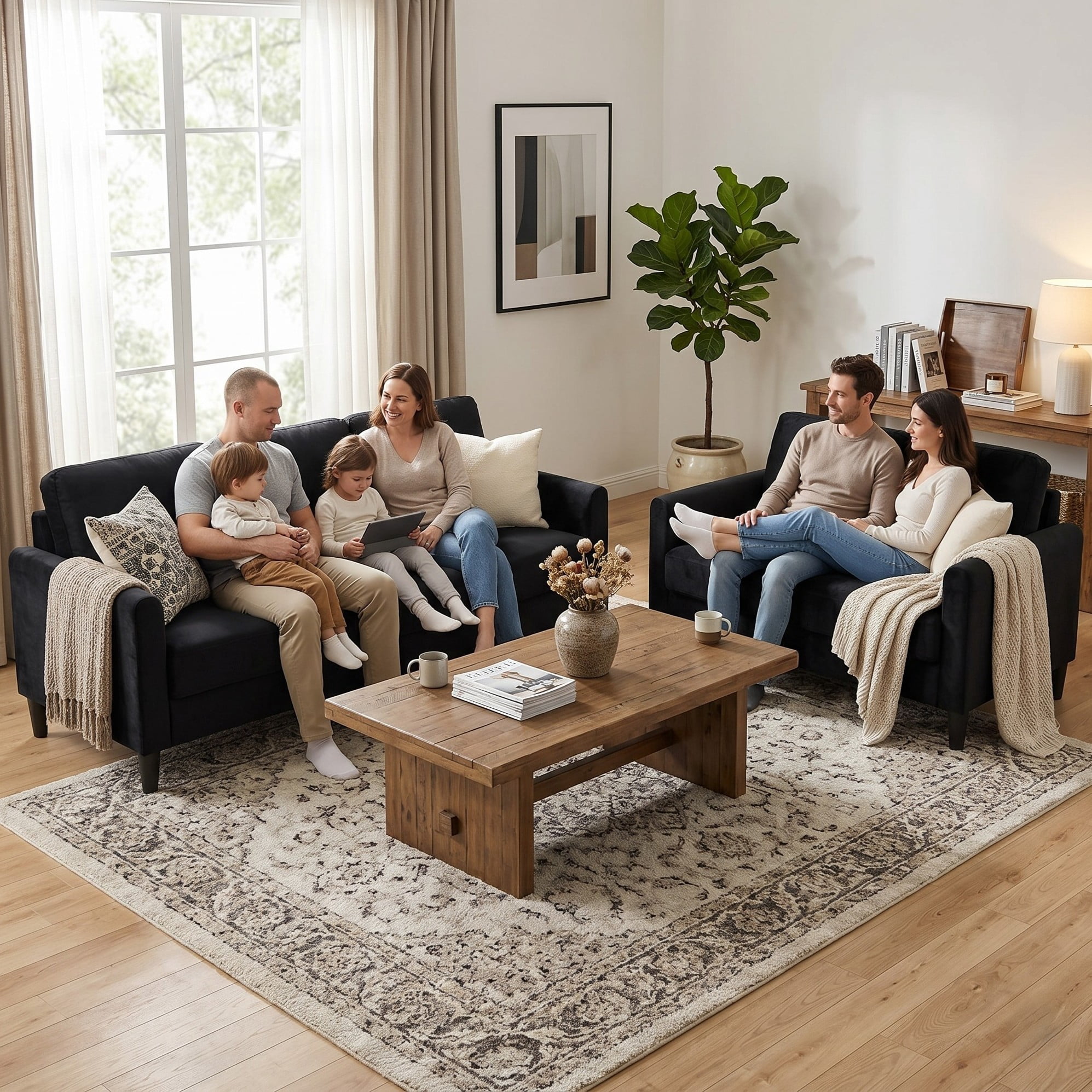 Home Design Airell 2-Piece Living Room Set with Loveseat and Sofa, Soft Velvet Fabric, Modern Upholstered Design, Black