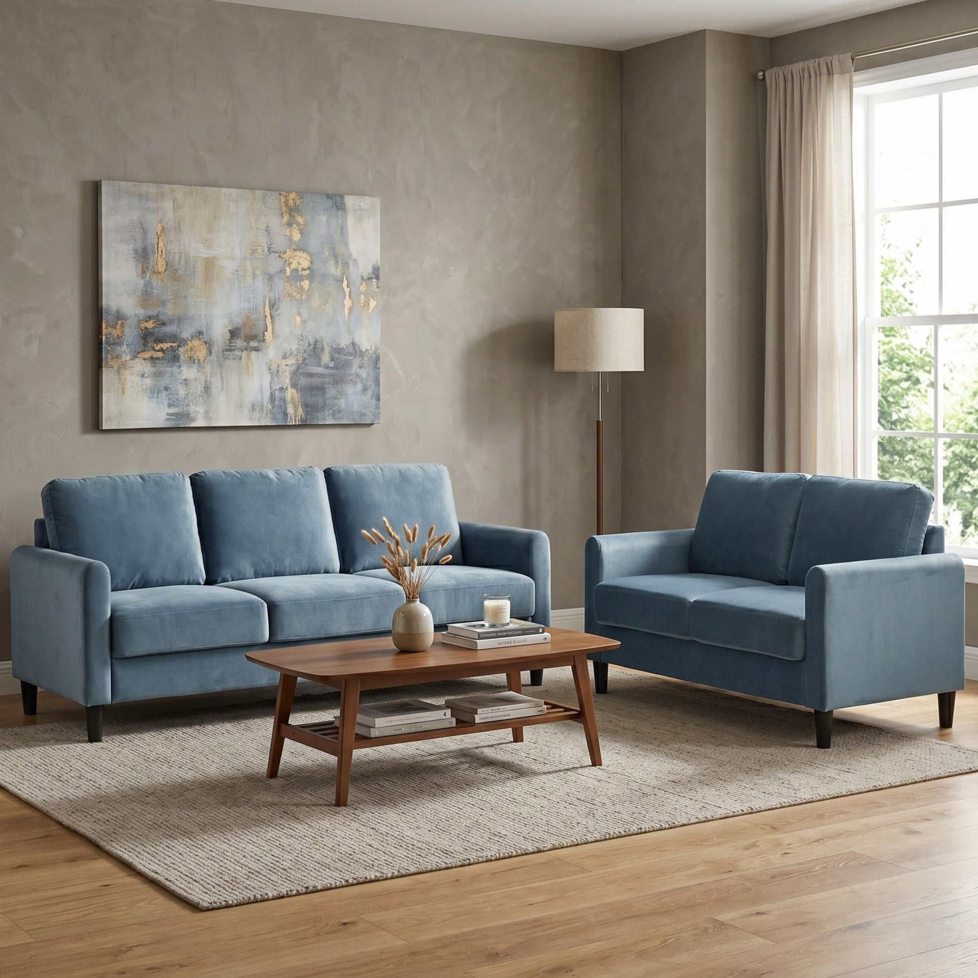 Home Design Airell 2-Piece Living Room Set with Loveseat and Sofa, Soft Velvet Fabric, Modern Upholstered Design, Blue