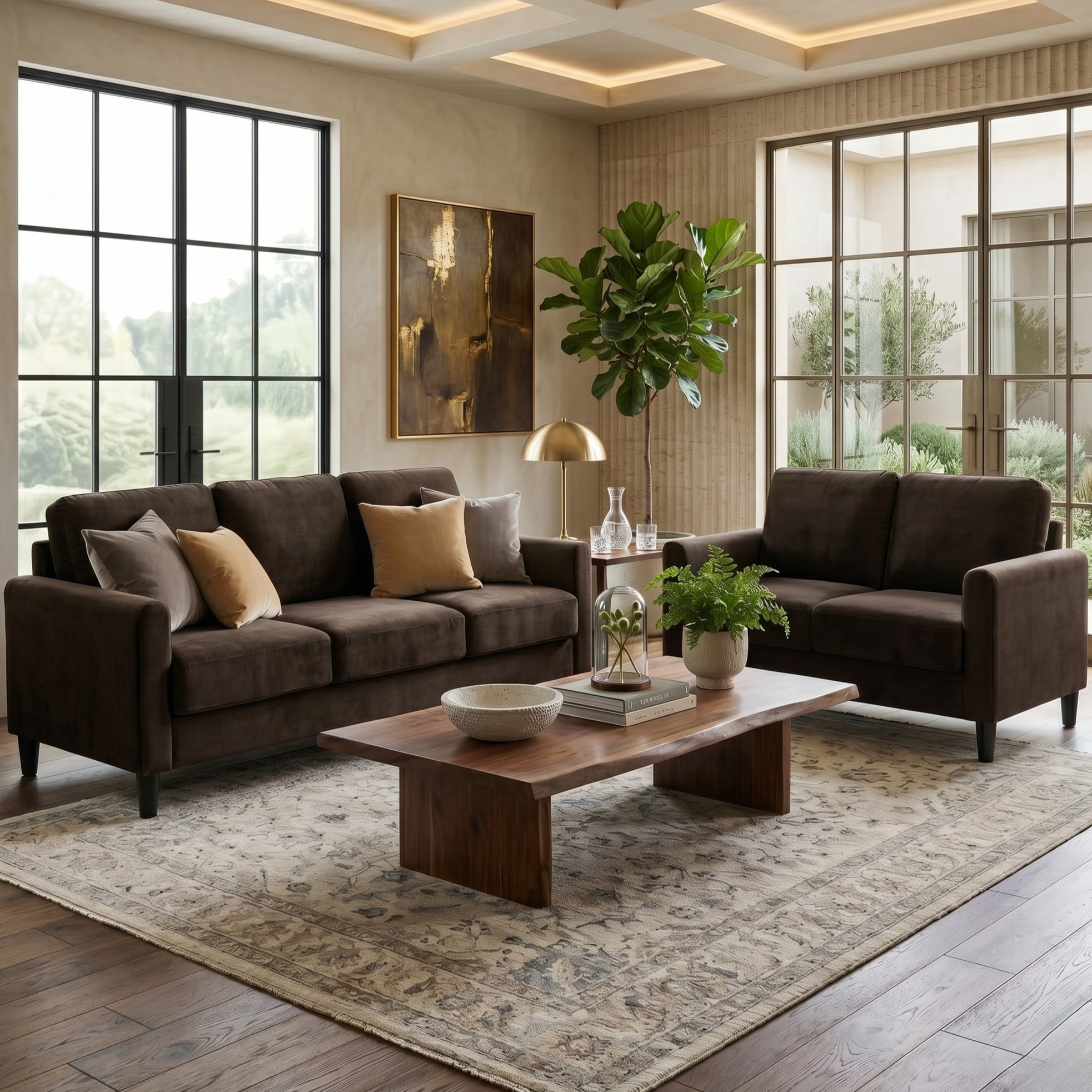 Home Design Airell 2-Piece Living Room Set with Loveseat and Sofa, Soft Velvet Fabric, Modern Upholstered Design, Brown