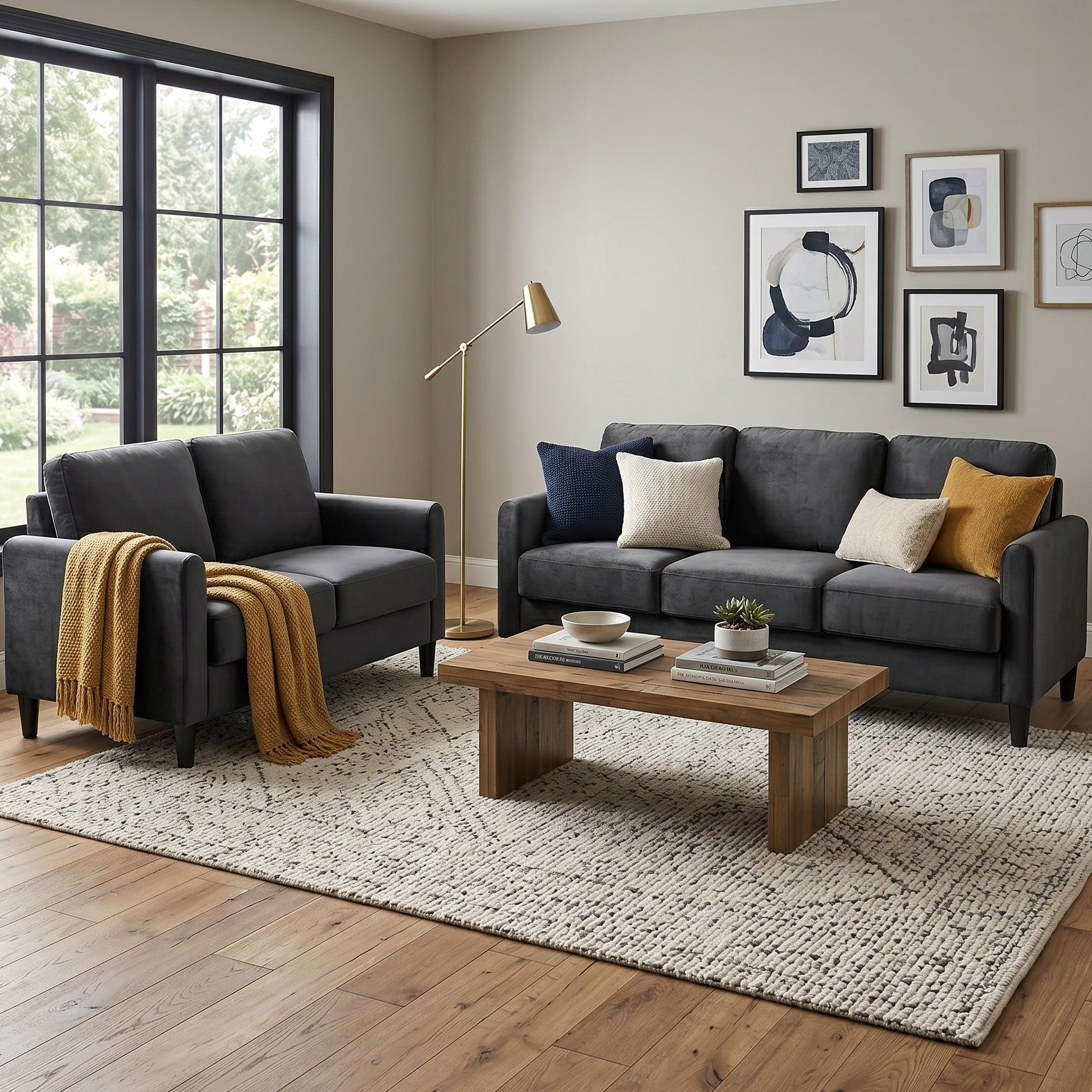 Home Design Airell 2-Piece Living Room Set with Loveseat and Sofa, Soft Velvet Fabric, Modern Upholstered Design, Dark Gray