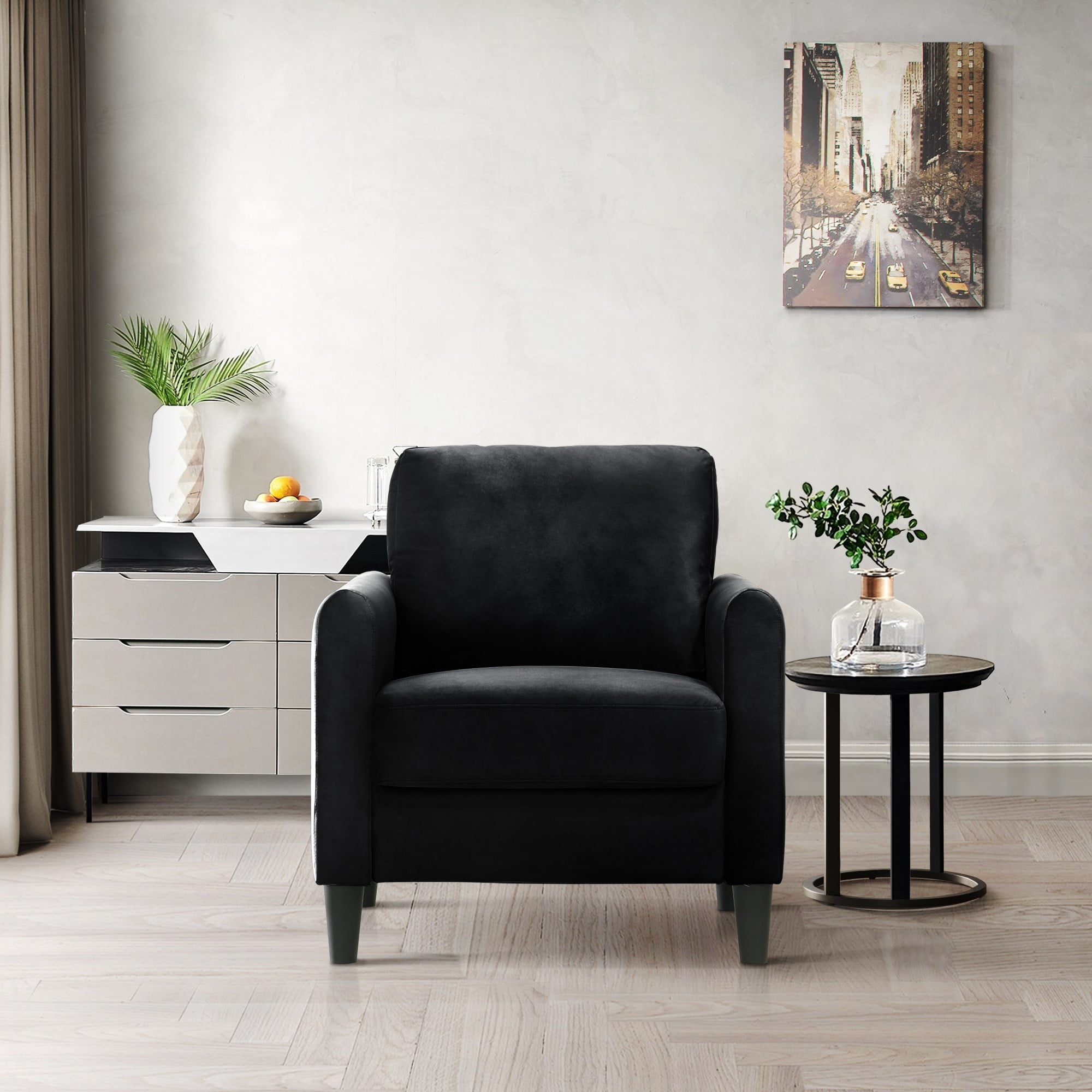 Home Design Airell Velvet Arm Chair with Plush Armrests and Sleek Black Legs, Modern Upholstered Design for Living Room, Black