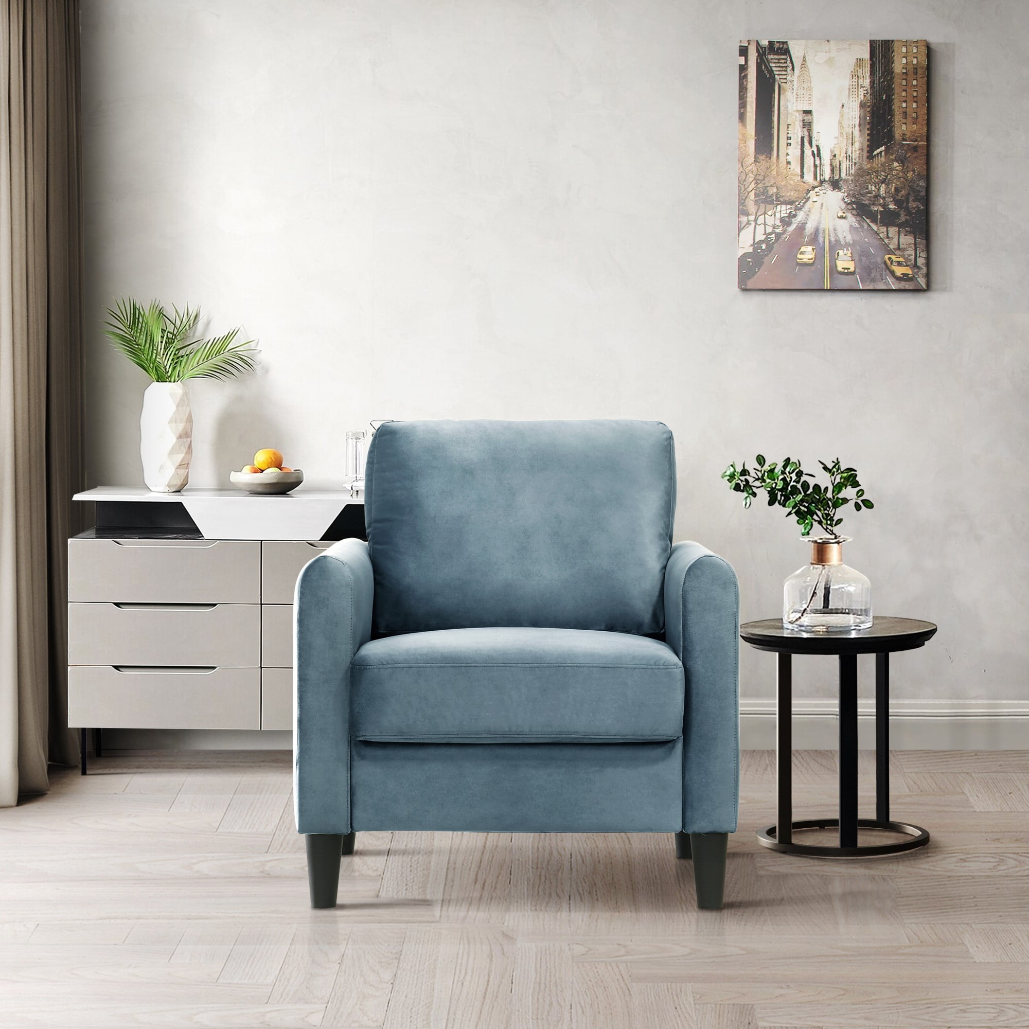 Home Design Airell Velvet Arm Chair with Plush Armrests and Sleek Black Legs, Modern Upholstered Design for Living Room, Blue