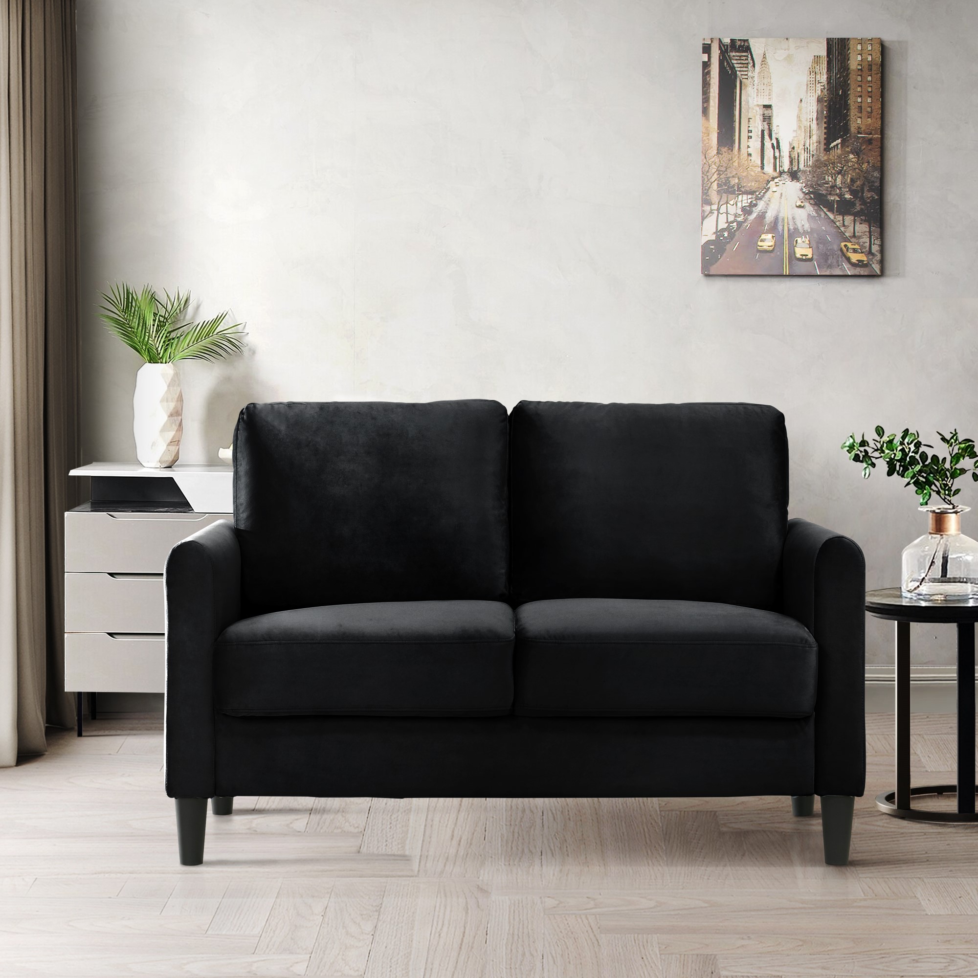 Home Design Airell Velvet Arm Loveseat with Plush Armrests and Sleek Black Legs, Modern Upholstered Design for Living Room, Black