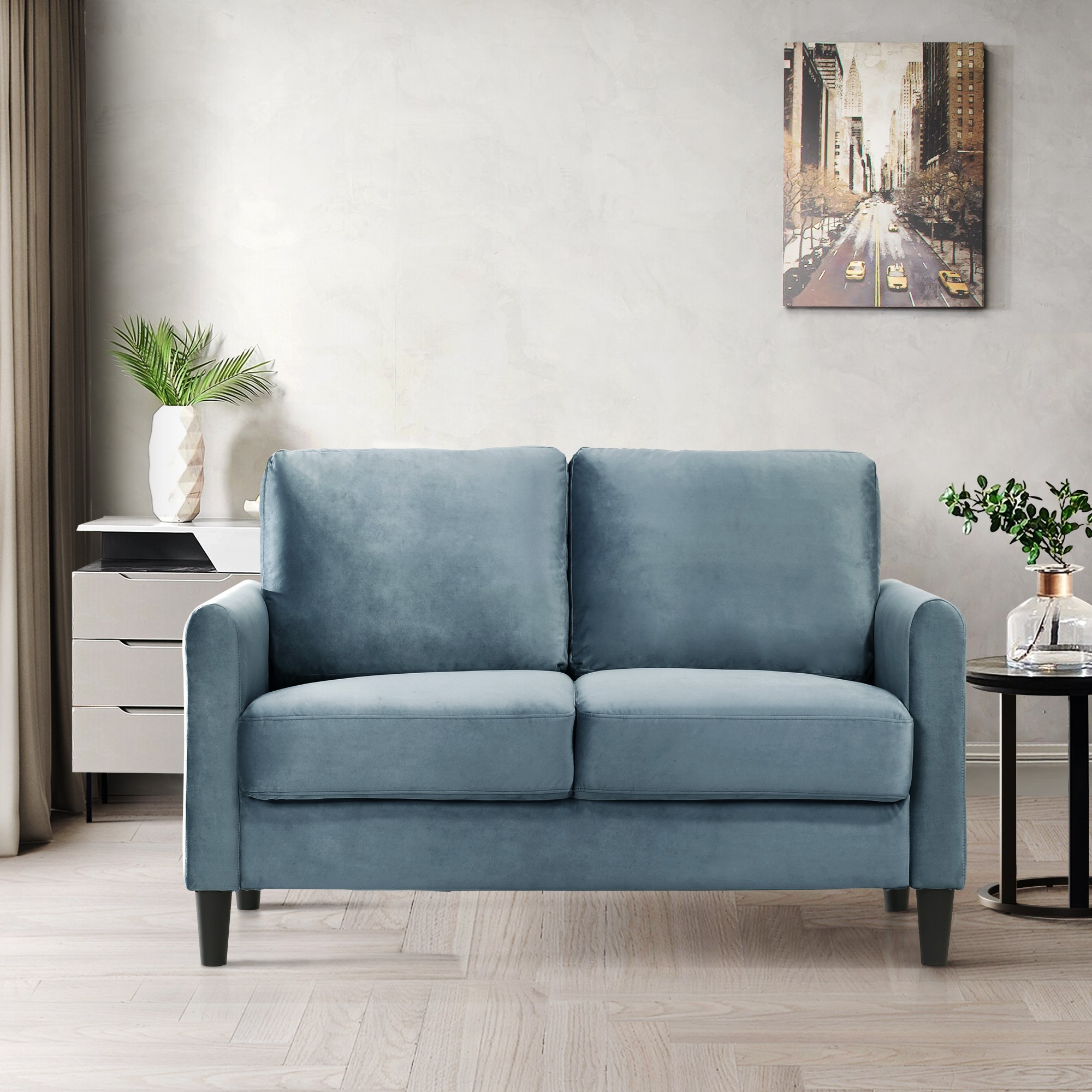 Home Design Airell Velvet Arm Loveseat with Plush Armrests and Sleek Black Legs, Modern Upholstered Design for Living Room, Blue