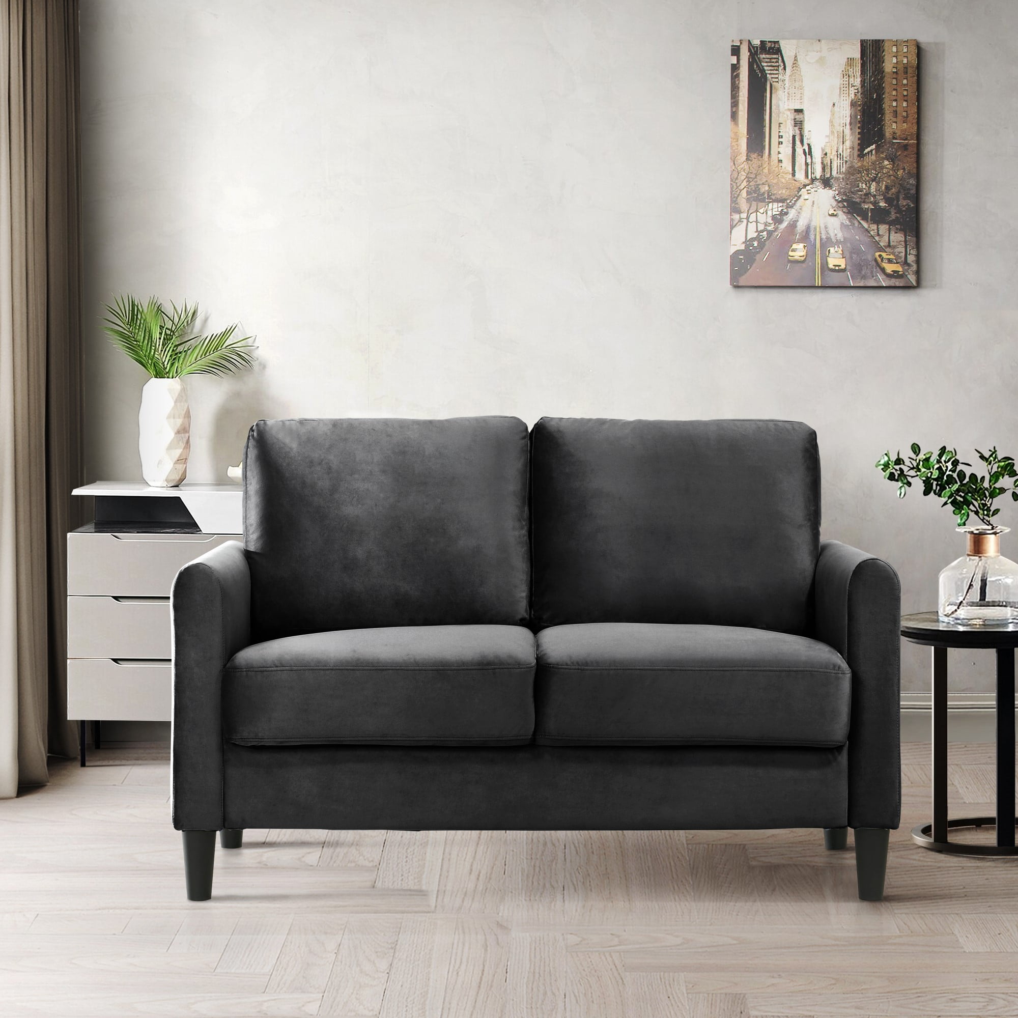 Home Design Airell Velvet Arm Loveseat with Plush Armrests and Sleek Black Legs, Modern Upholstered Design for Living Room, Dark Gray