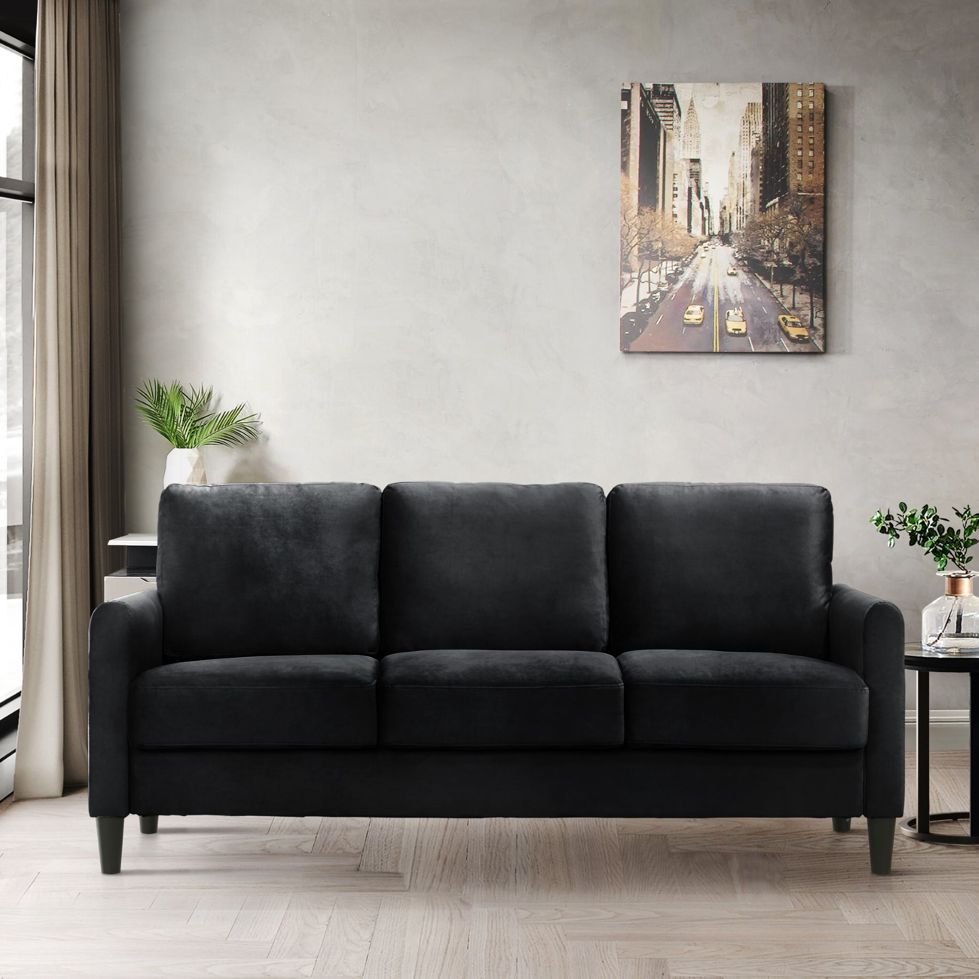Home Design Airell Velvet Arm Sofa with Plush Armrests and Sleek Black Legs, Modern Upholstered Design for Living Room, Black