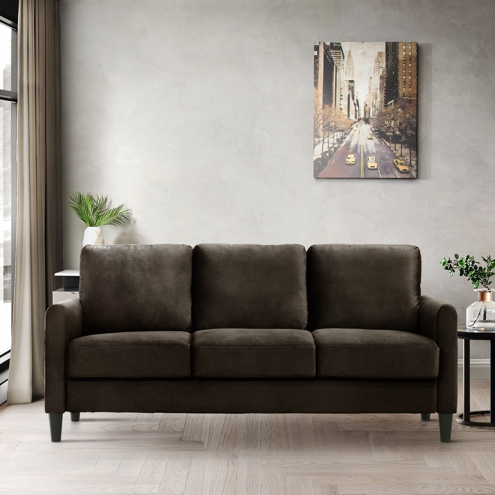 Home Design Airell Velvet Arm Sofa with Plush Armrests and Sleek Black Legs, Modern Upholstered Design for Living Room, Brown