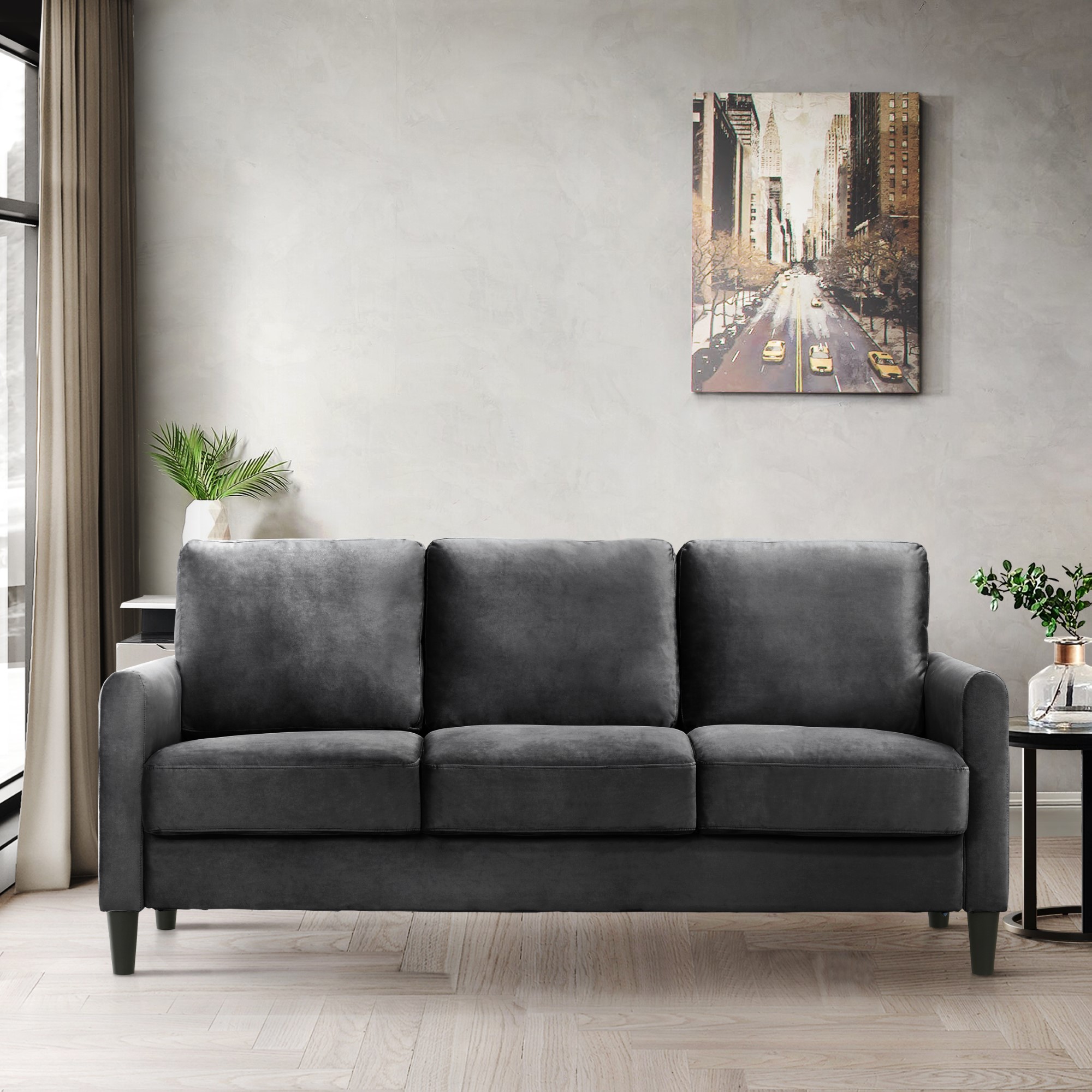 Home Design Airell Velvet Arm Sofa with Plush Armrests and Sleek Black Legs, Modern Upholstered Design for Living Room, Dark Gray