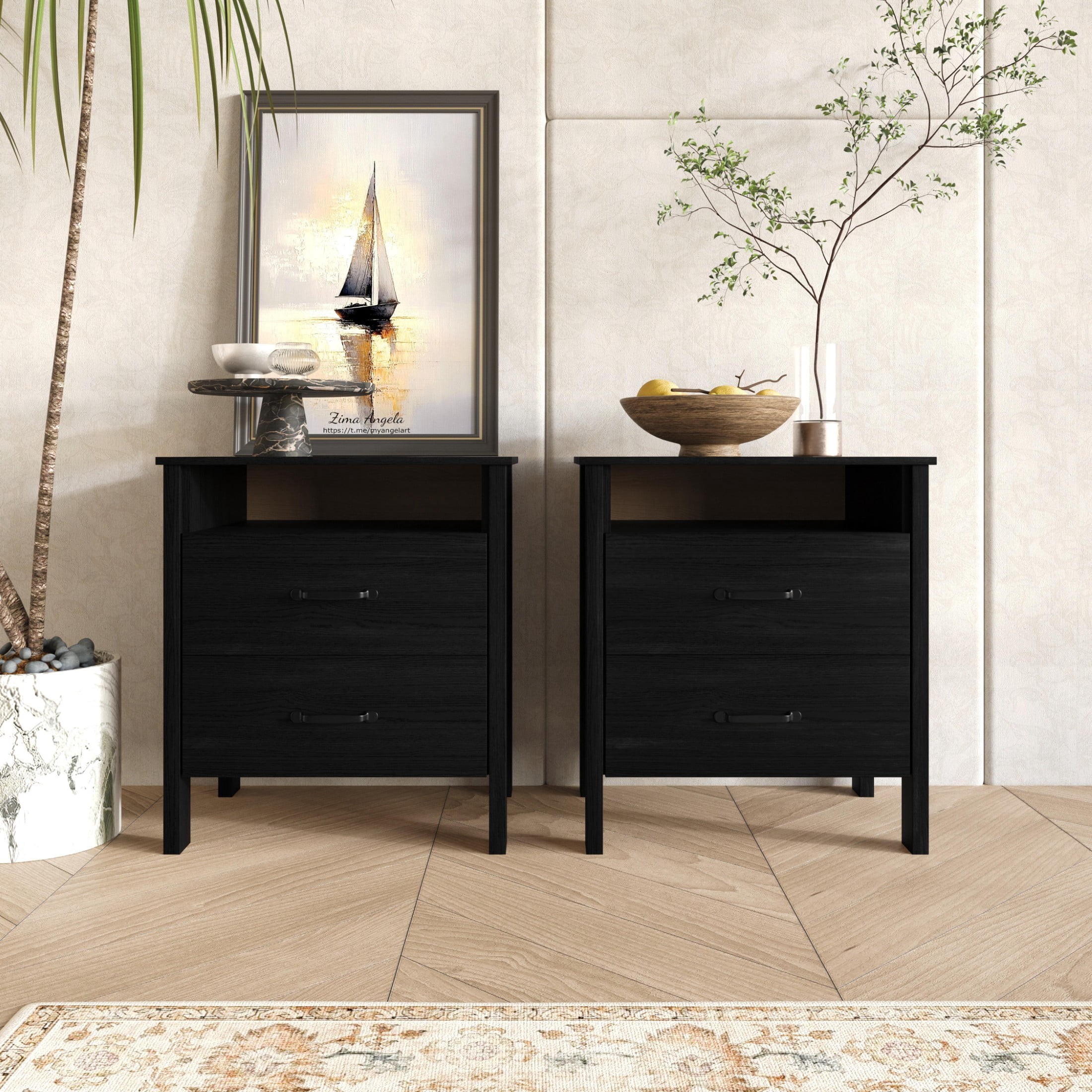 Home Design Alamosa Nightstand with Two Drawers and Open Shelf, Space-Saving Design, Black (Set of 2)
