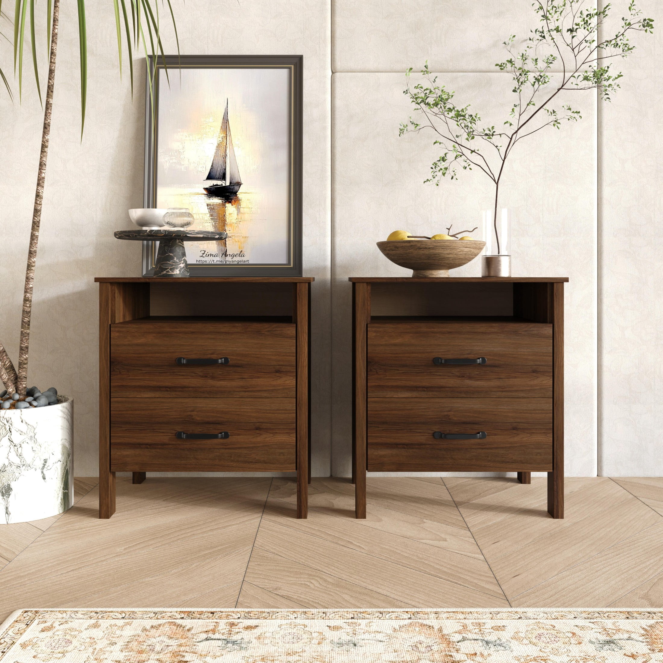 Home Design Alamosa Nightstand with Two Drawers and Open Shelf, Space-Saving Design, Brown (Set of 2)