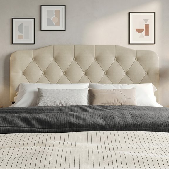 Home Design Albany Queen Tufted Upholstered Headboard with Adjustable Height and Foam Padding, Beige, Easy Assembly
