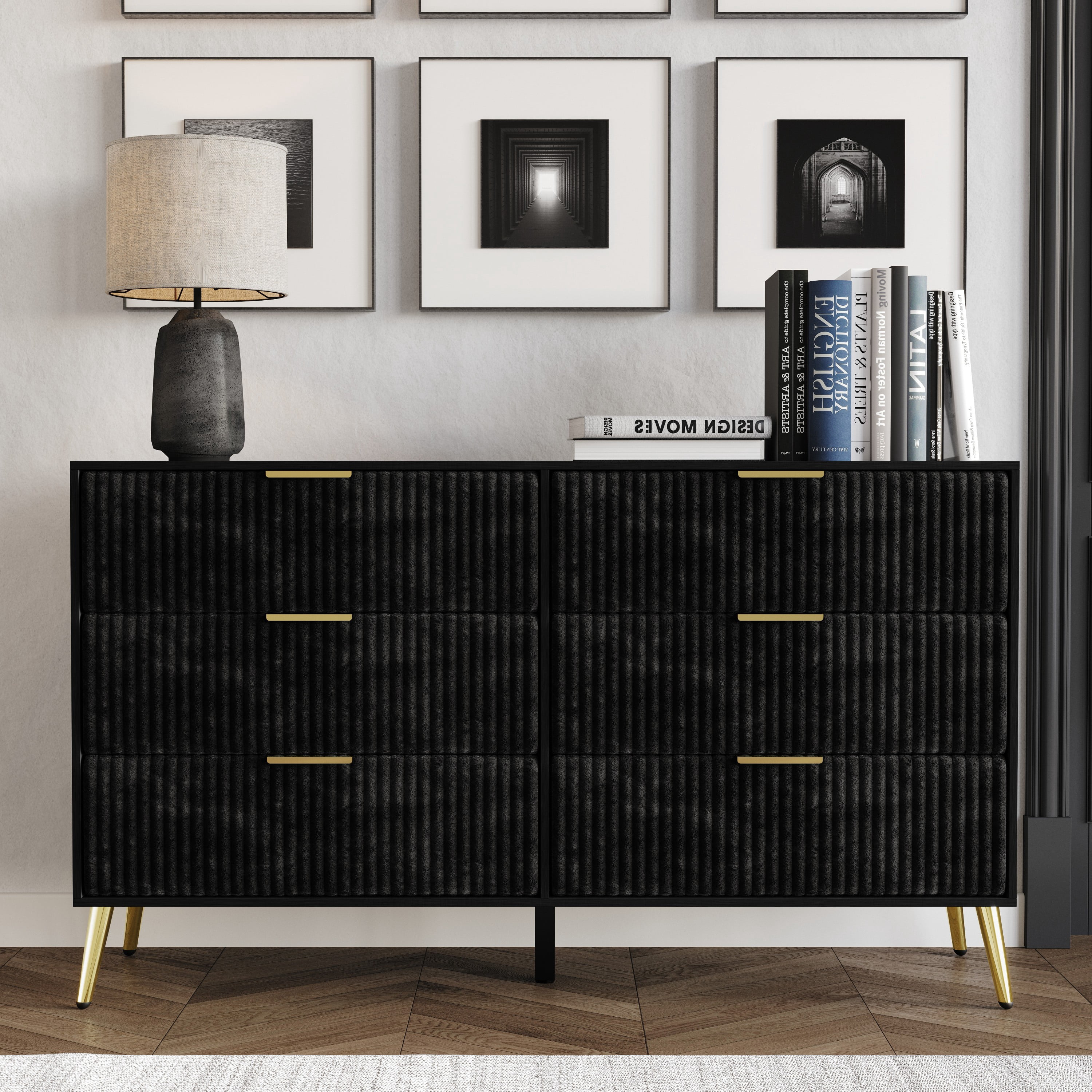 Home Design Alva 6 Drawer Dresser with Gold-Accented Handles and Tapered Legs, Black, Easy Assembly