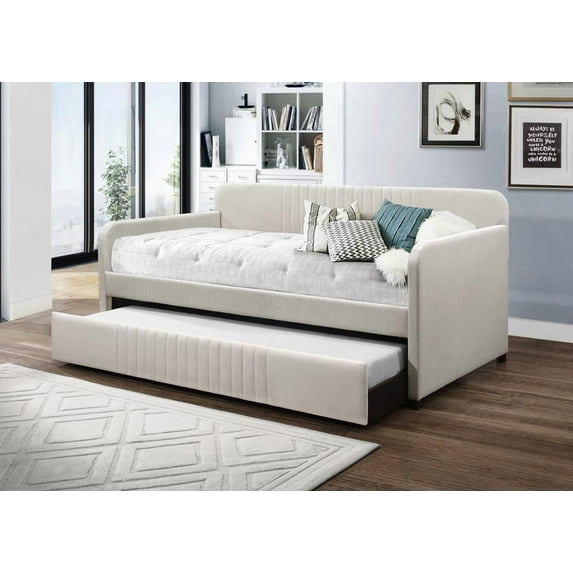 Home Design Amelia Twin Daybed with Linen Upholstery and Pull-Out Trundle, Track Arms, Rounded Backrest with Vertical Channel Tufting, Beige