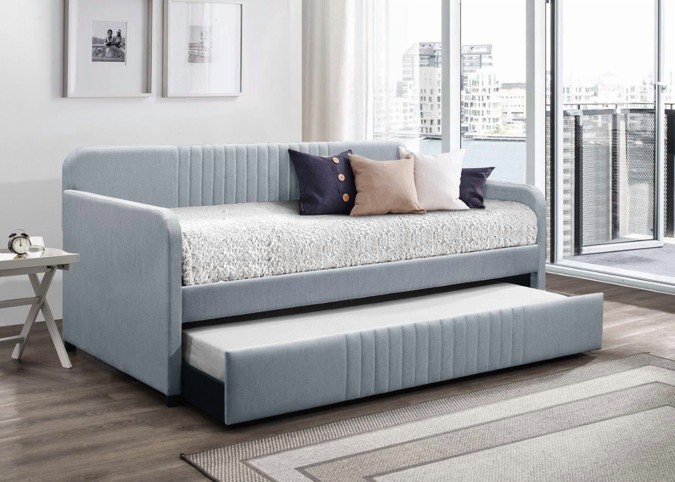 Home Design Amelia Twin Daybed with Linen Upholstery and Pull-Out Trundle, Track Arms, Rounded Backrest with Vertical Channel Tufting, Light Blue